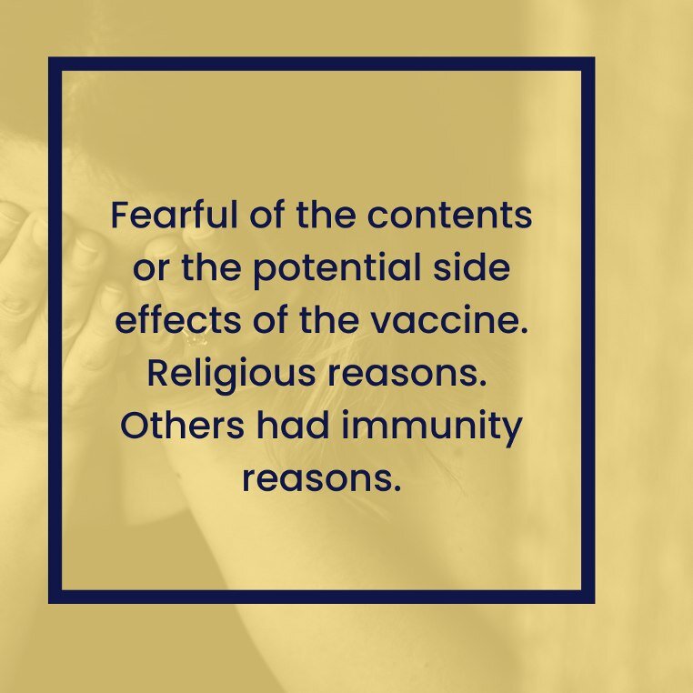 Some of the reasons for not getting COVID-19 vaccinated reported by Athens residents.

#AthensGA
#AthensWellbeingProject 
#CommunityWellbeing