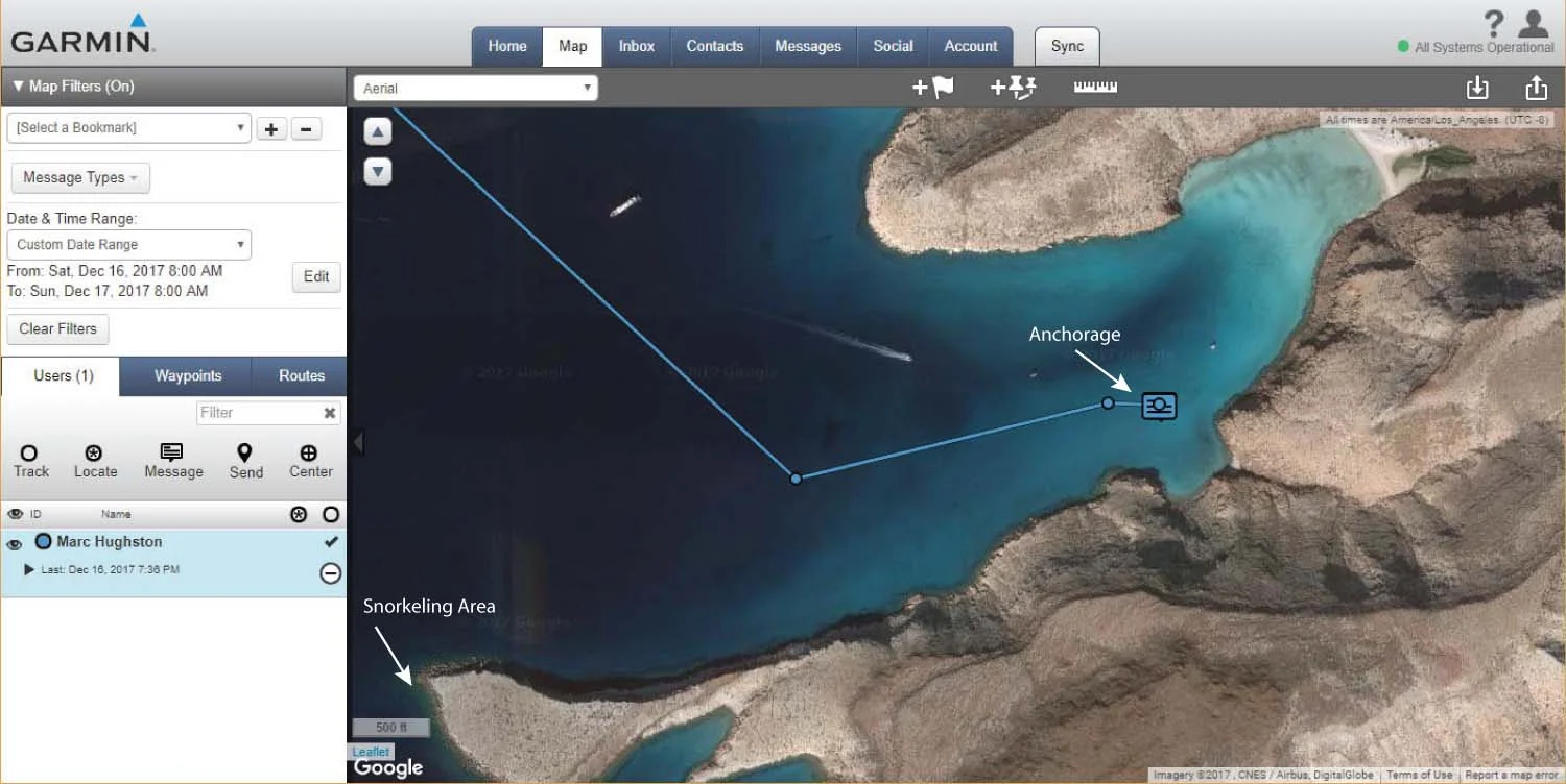 Screenshot from the inReach web page for 12/16/17. In the image above, you can see our track and where we anchored. I added the labels for the anchorage and the point we were going to snorkel using Adobe Illustrator.