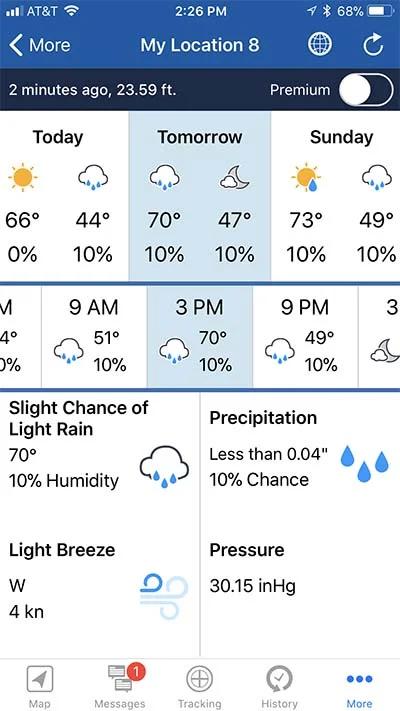 A sample of the free forecast as it appears on the iPhone thru the Bluetooth link. Shown is the 3 PM forecast for "Tomorrow." A more detailed forecast is available for a premium.