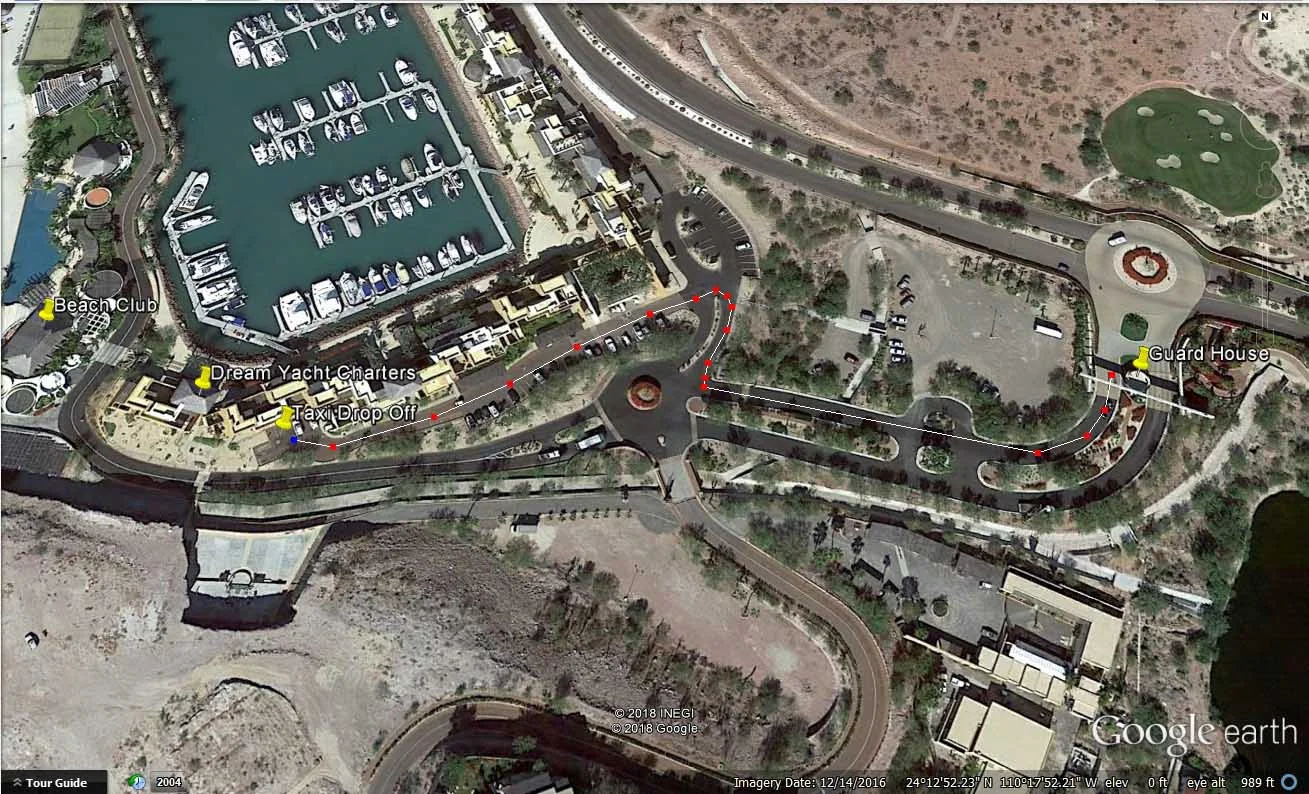DYC, the boats and the Beach Club are in the middle, left hand side of the photo. Follow the line with the red dots from the Guard House to the taxi drop off.