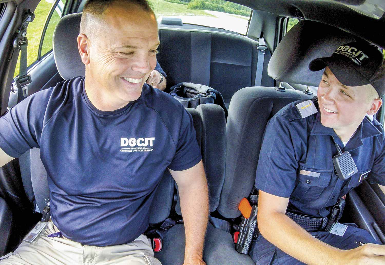 Working with students at the DOCJT training academy provides an opportunity for Vehicle Operations Training Instructor Jeff Knox to share his experiences from his law enforcement career and hopefully keep them safer on the road. (Photos by Jim Robertson)