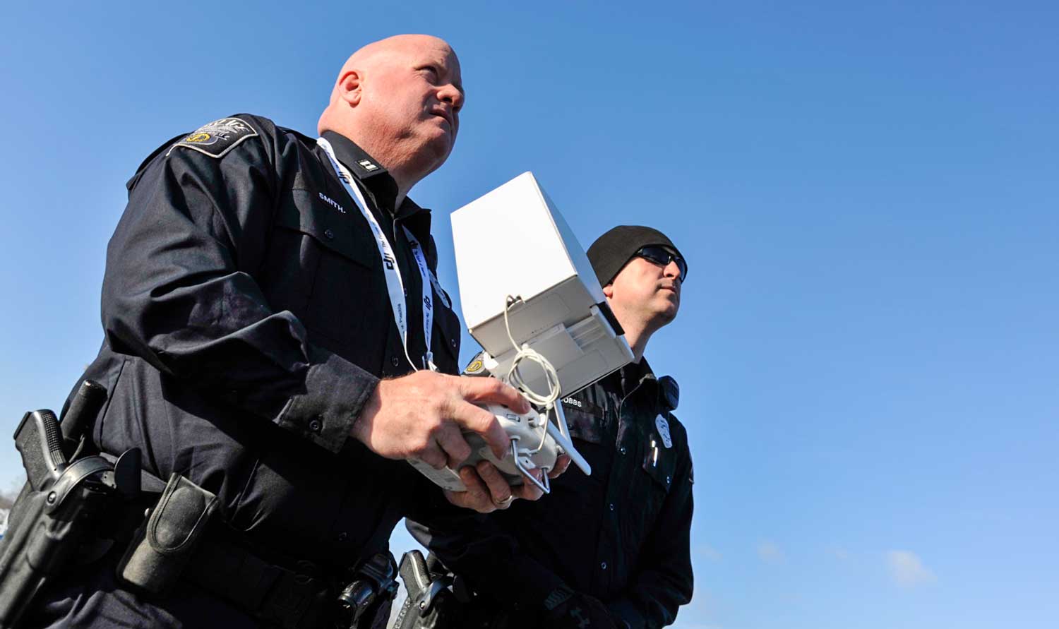 Somerset Police Officer Shawn Dobbs, right, served as Somerset Police Capt. Shannon Smith’s visual observer while flying the agency’s drone recently. A visual observer is a mandatory requirement among the FAA’s safety rules and regulations. (Photos by Jim Robertson)