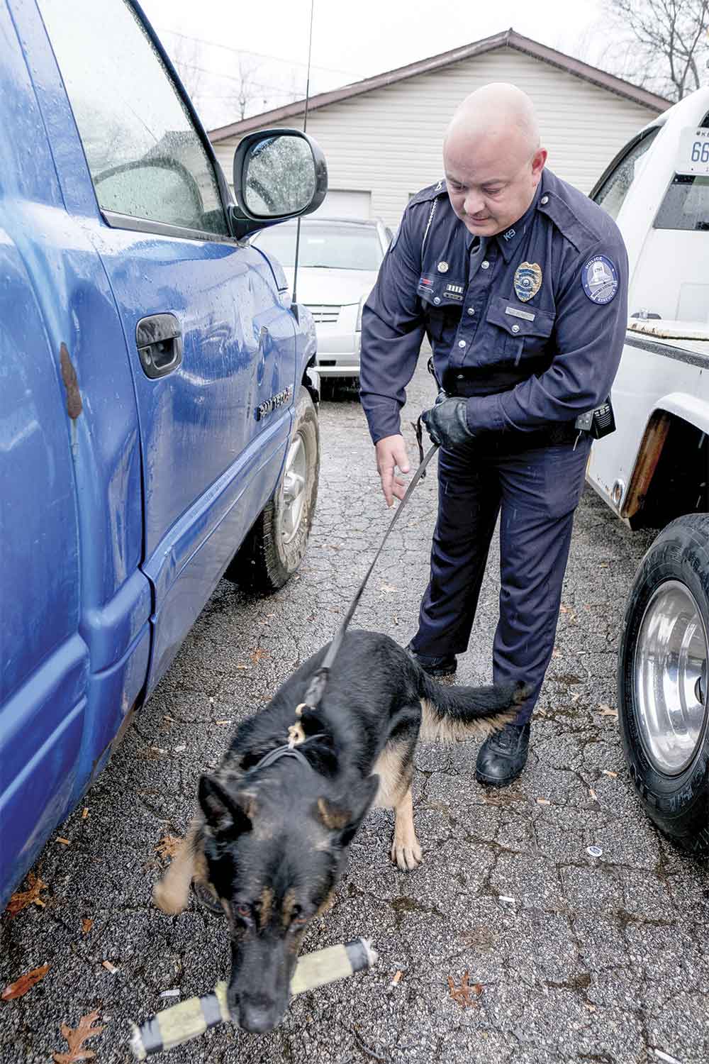 Mount Sterling Police Officer Jason Perry rewards K-9 Dexter after successfully alerting on drugs hidden inside this blue truck. Perry is MSPD’s first K-9 officer, and he says he and Dexter work hard and train consistently to ensure the K-9 program’s success. (Photo by Jim Robertson)