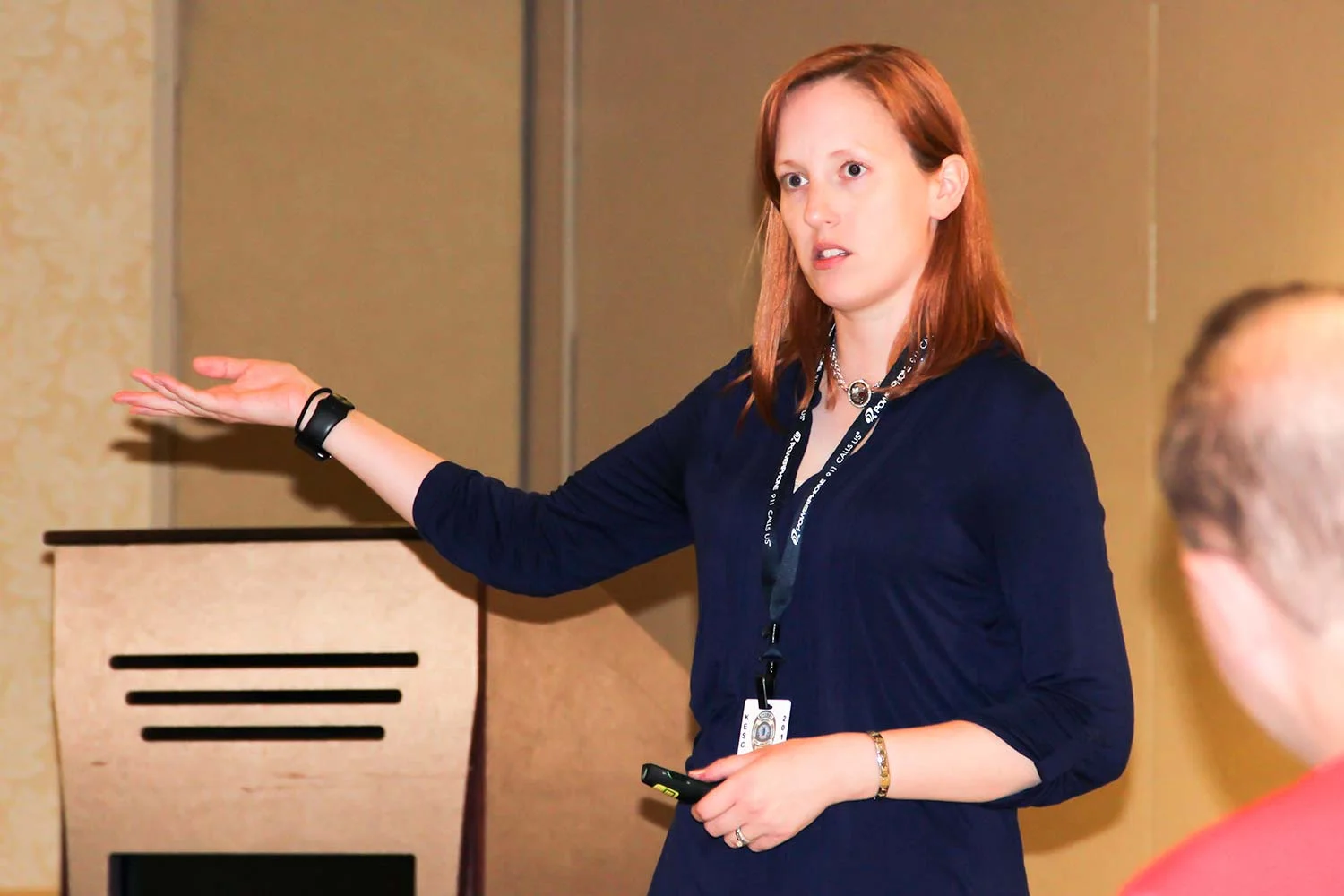 Department of Criminal Justice Training Instructor Sarah Powell talks to dispatch students about the heroin epidemic. (Photo by Kelly Foreman)