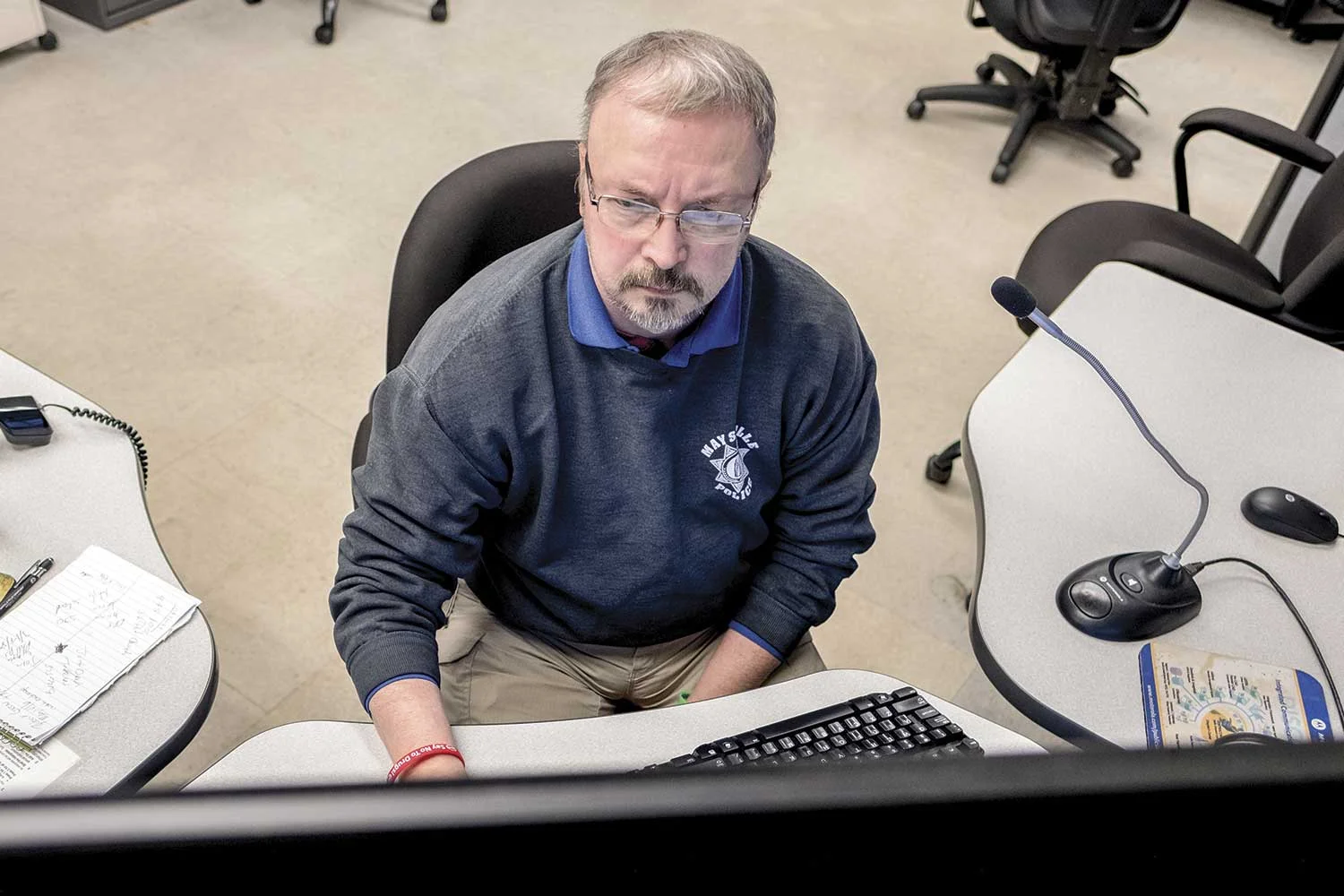 Terminal Agency Coordinator David Mefford has served with the Maysville Police E-911 Center since 1998. As a 24-hour response center, Mefford said callers often don’t need emergency services, and while it can be irritating, dispatchers have to remind themselves it is an emergency to the caller or they wouldn’t be calling. (Photo by Jim Robertson)