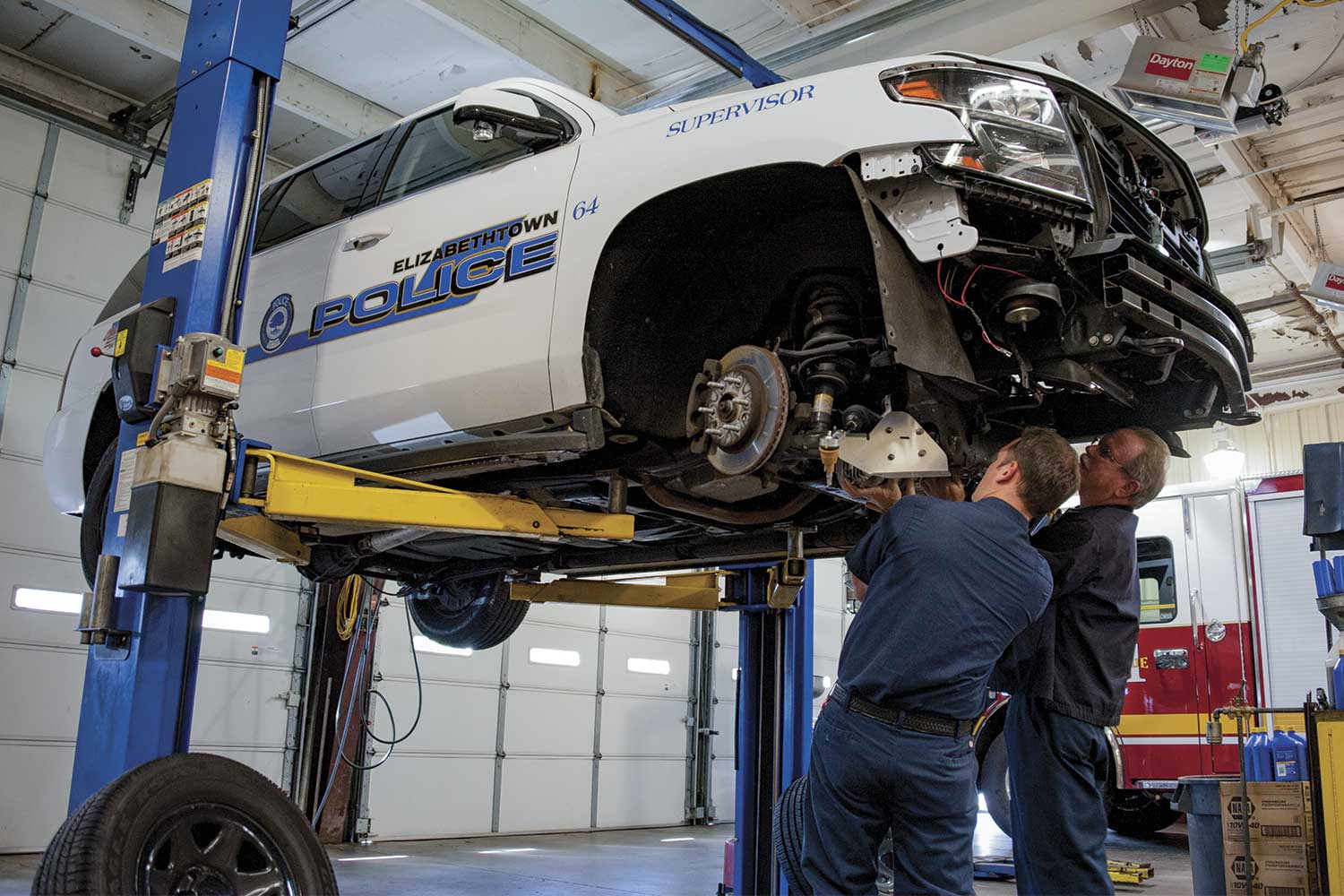  Unlike most Kentucky law enforcement agencies, Elizabethtown has its own Public Safety Garage inside the police department. PSG staff are responsible for vehicle maintenance, striping and repairing all police and fire vehicles. (Photo by Jim Roberts