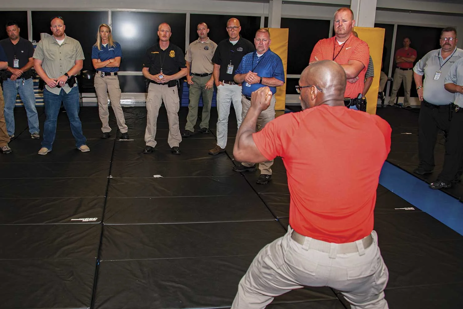 A portion of the new SRO curriculum focuses on defensive tactics, DOCJT instructor Bill Eckler said. Officers are taught they must deal with juveniles differently than adults. To that end, they are shown different pressure points and handcuffing techniques. (Photo by Jim Robertson)