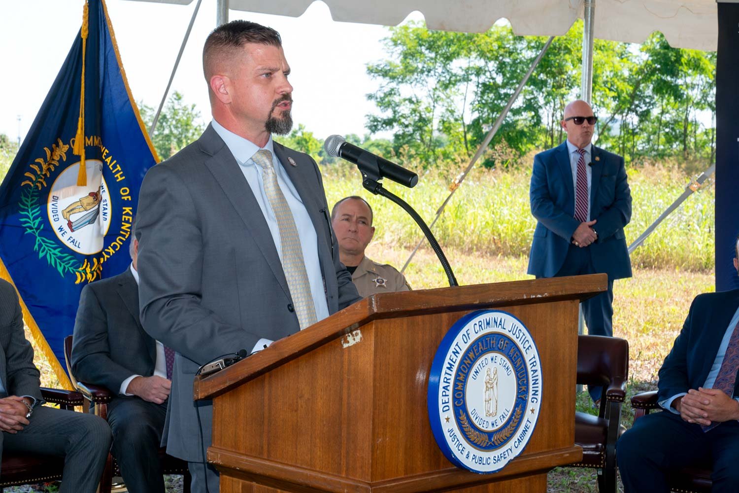  Department of Criminal Justice Training Commissioner Nicolai Jilek addresses the crowd gathered at Monday’s groundbreaking ceremony. (Photo by Jim Robertson) 
