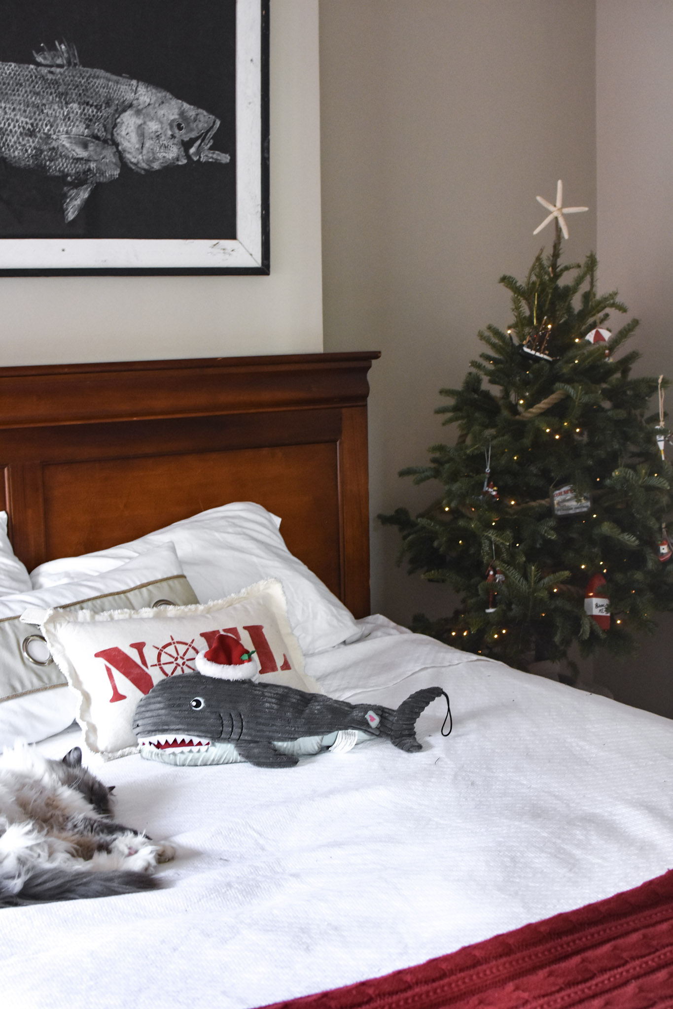 This delightful print from Pete's Fresh Fish Prints hangs above the bed all year long. Flick-the-cat has a penchant for tossing off his Santa hat; however on Ralphie-the-dog's whale toy, it fits just right.