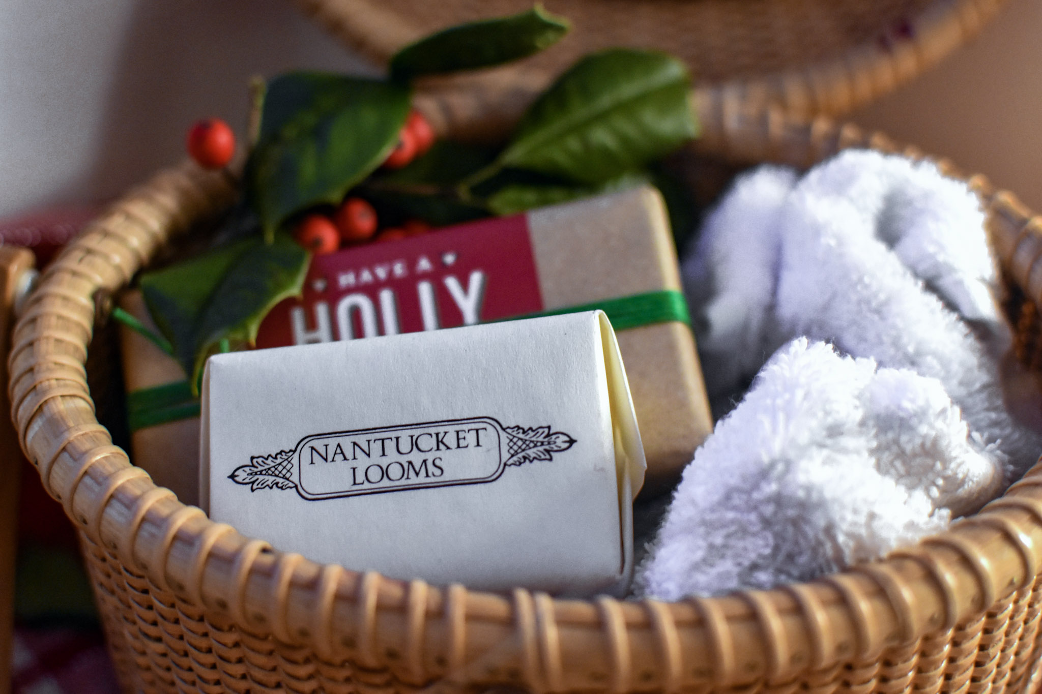 My Nantucket lightship basket proves a convenient holder for guest towels and soap.