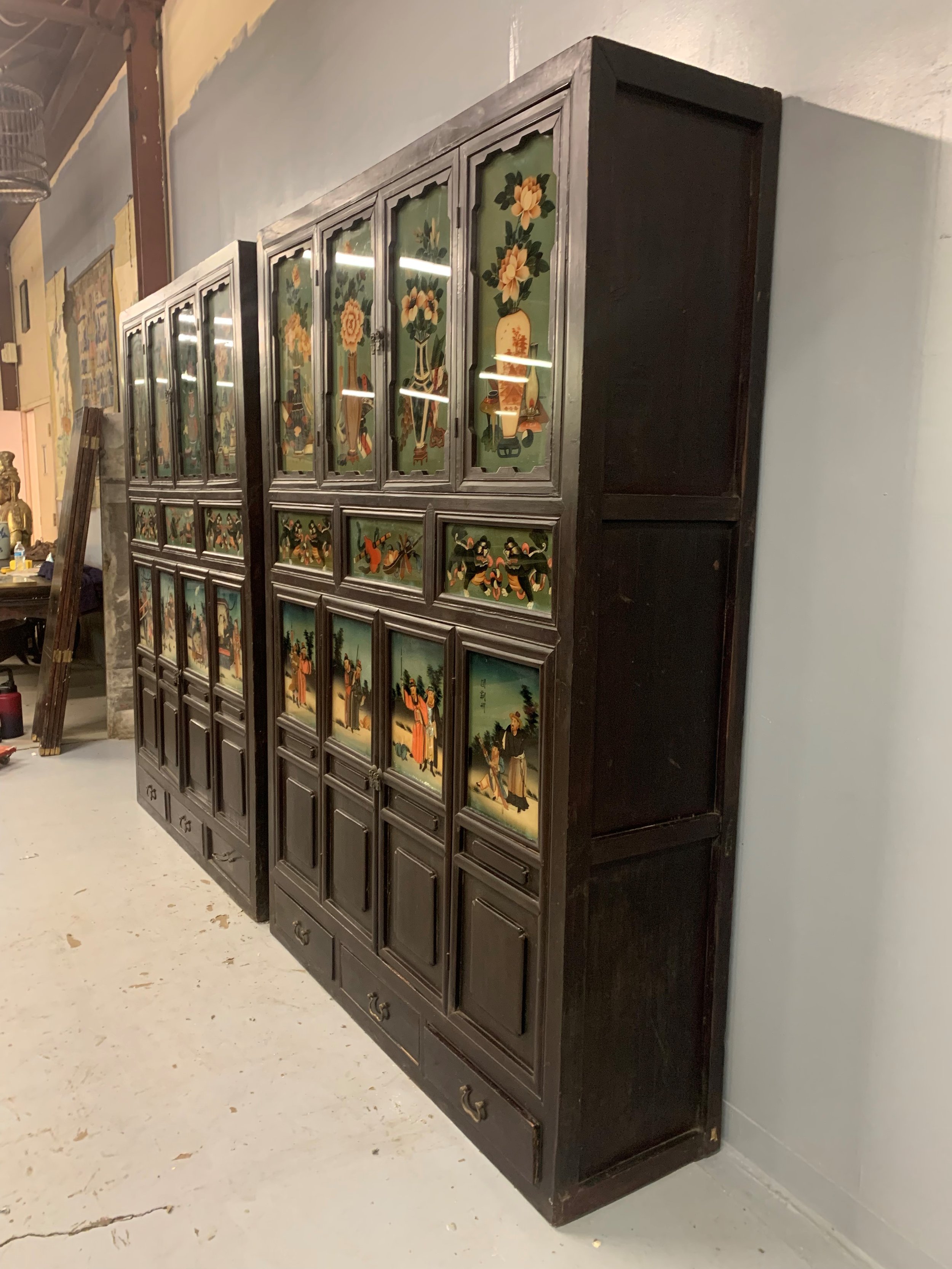 Pair of Antique Chinese with Reverse Painted Glass Panels