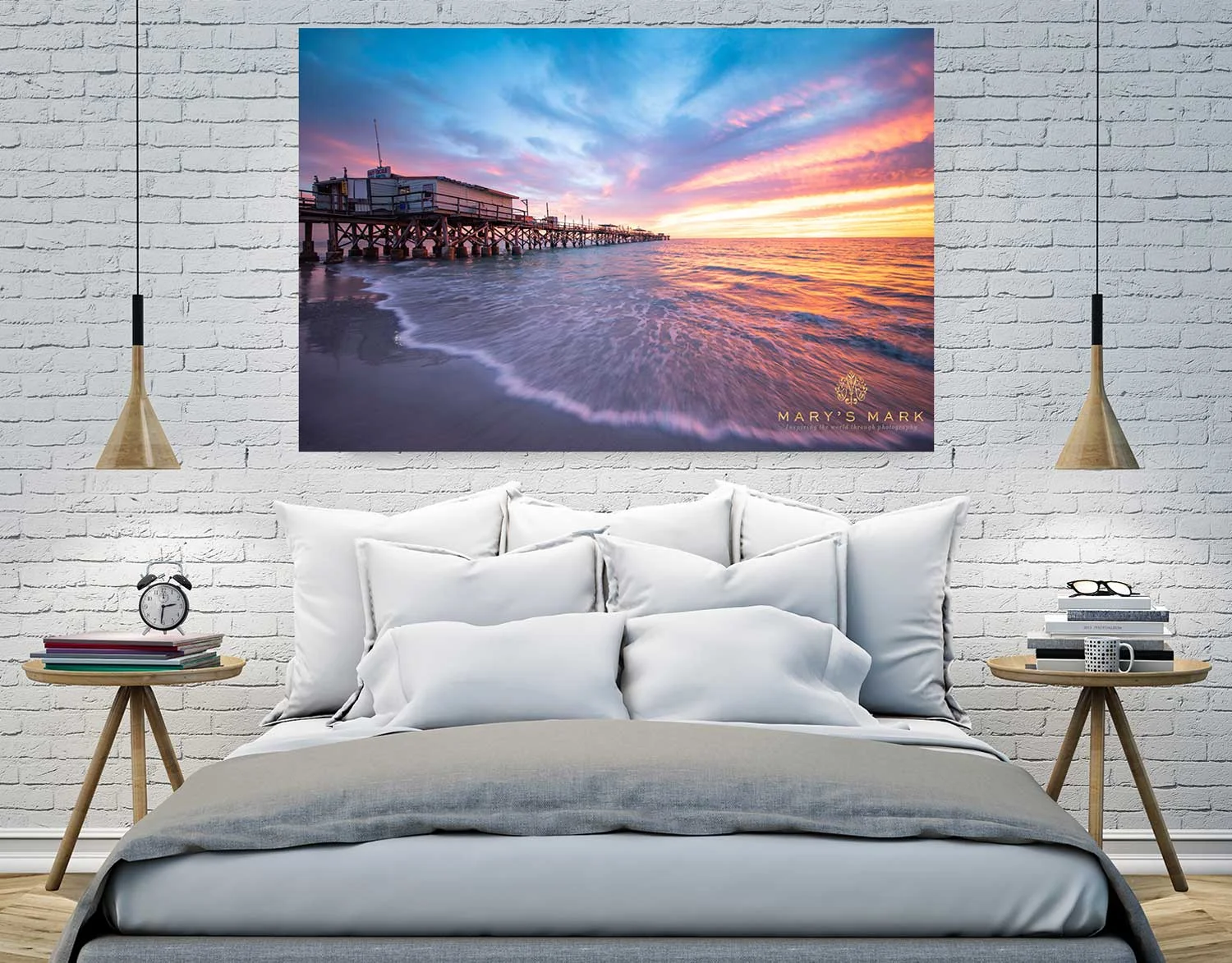 beautiful sunset over ocean art in bedroom