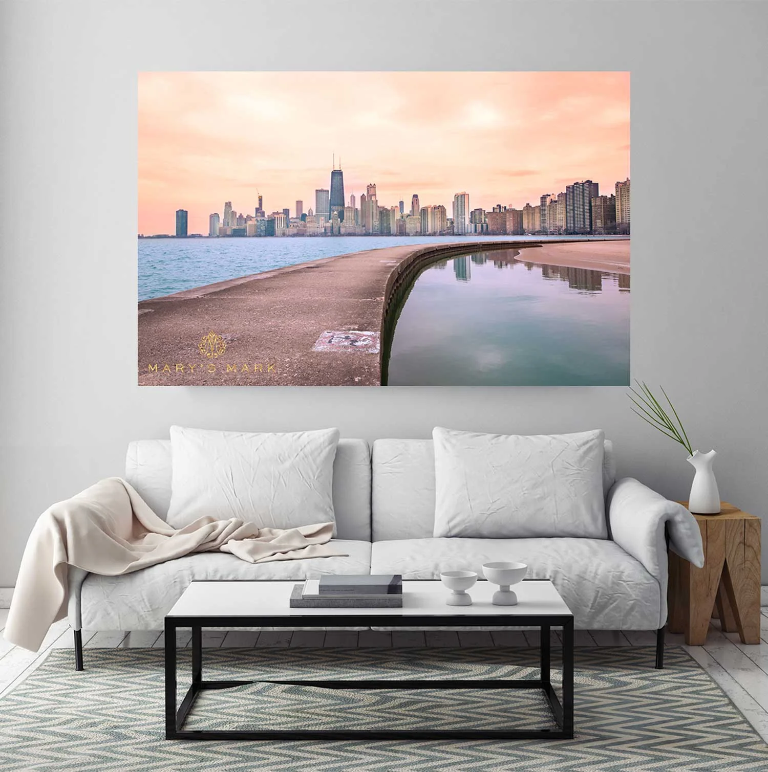 chicago skyline artwork in living room