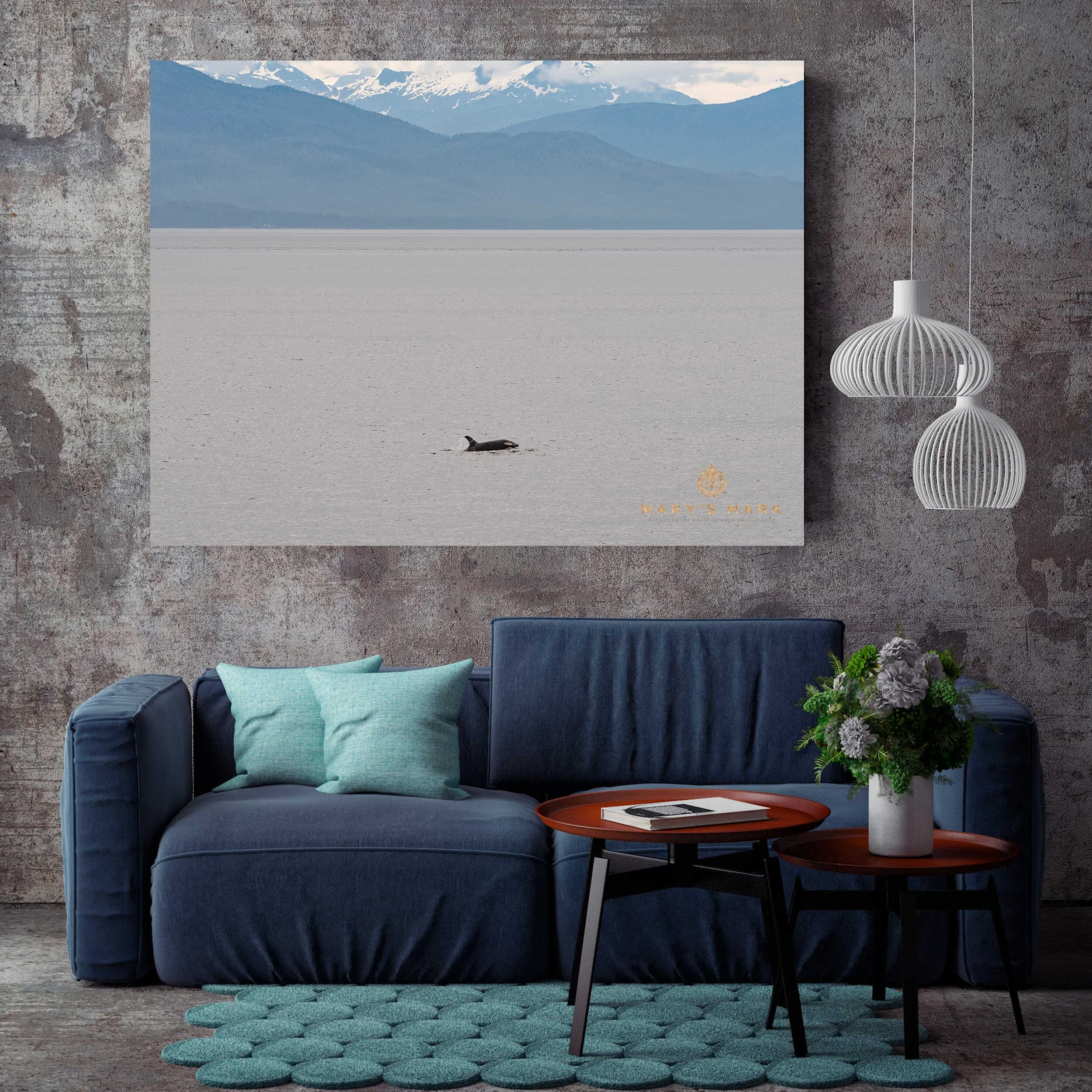 whale art in living room