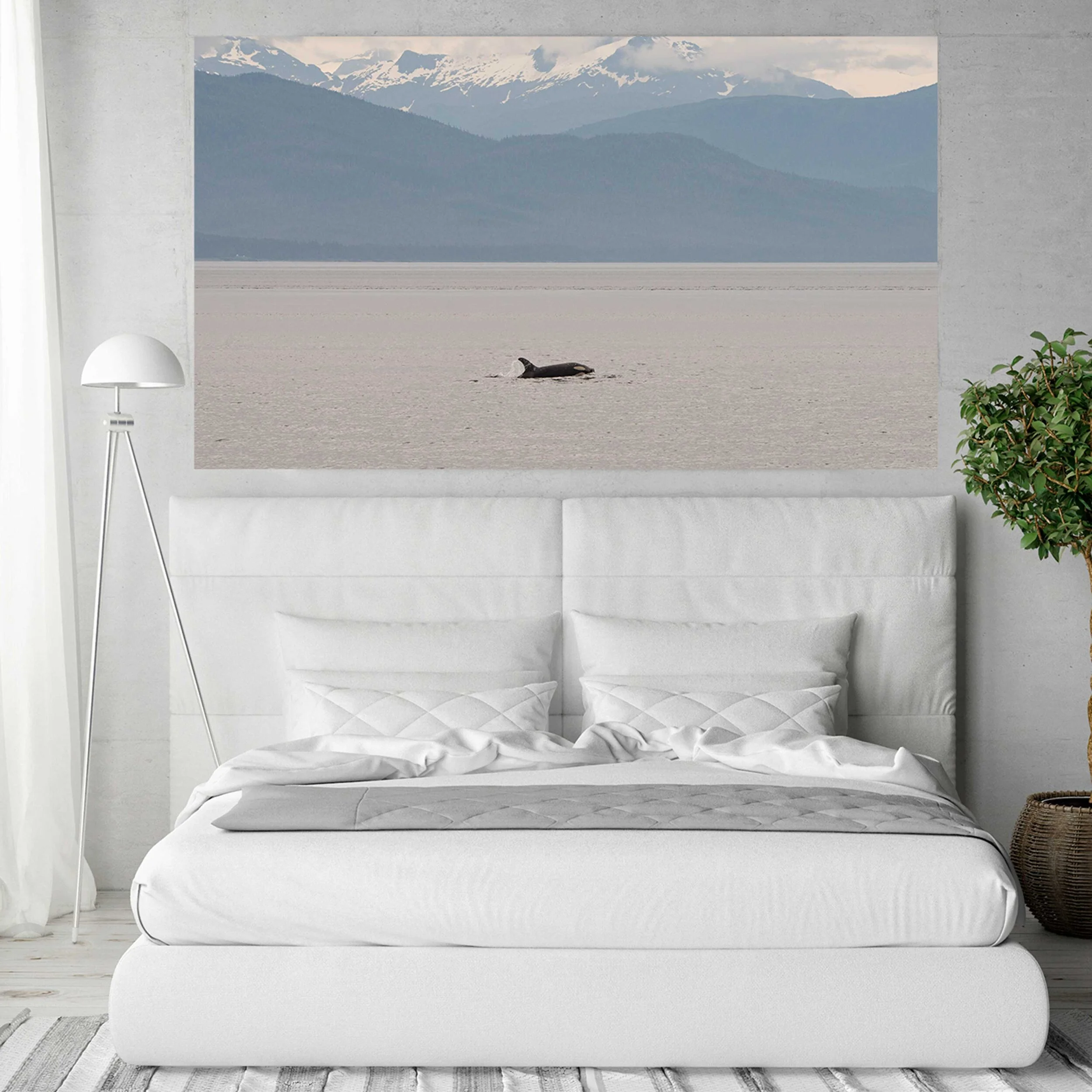 whale art above bed in bedroom