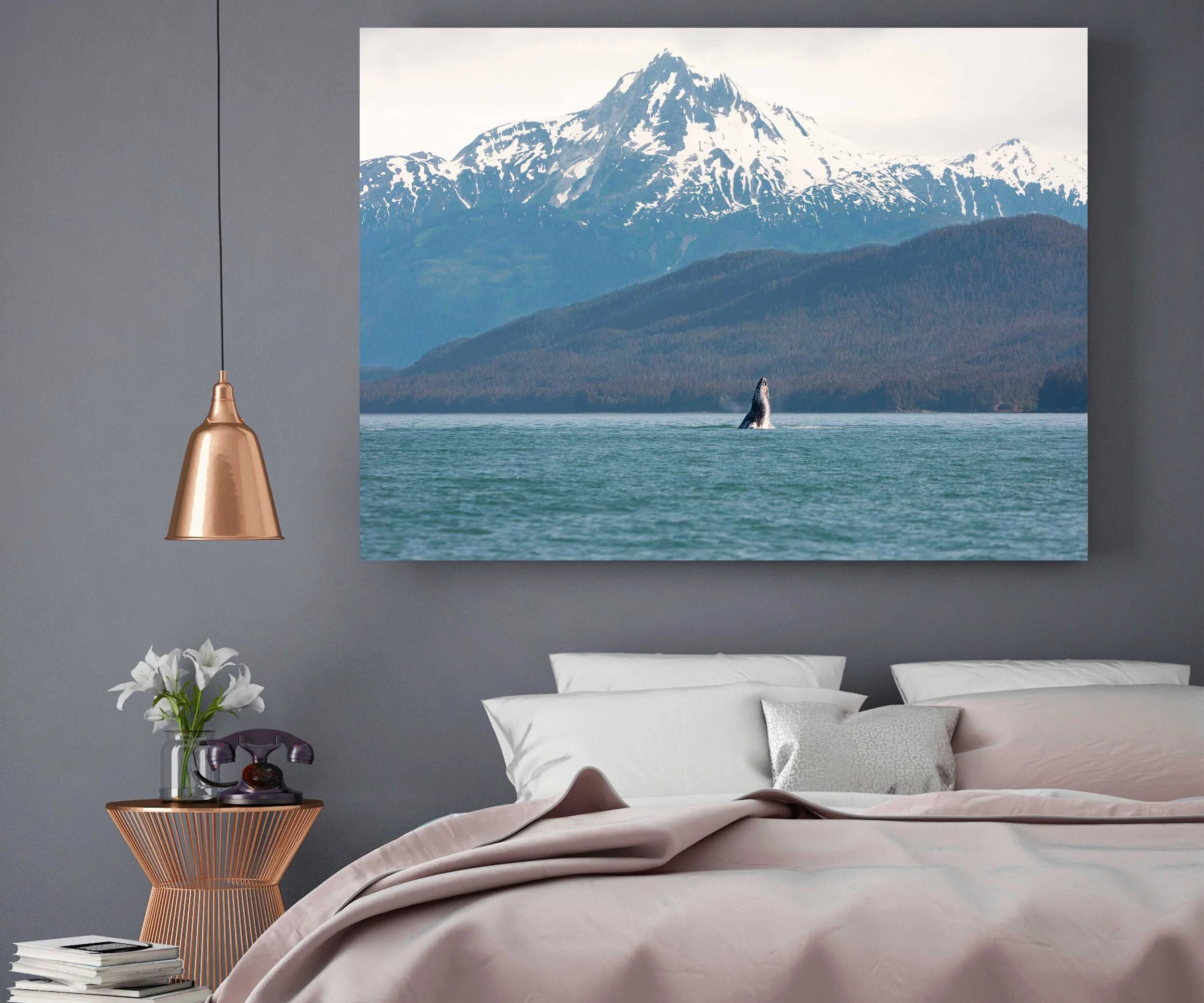 bedroom artwork with mountains