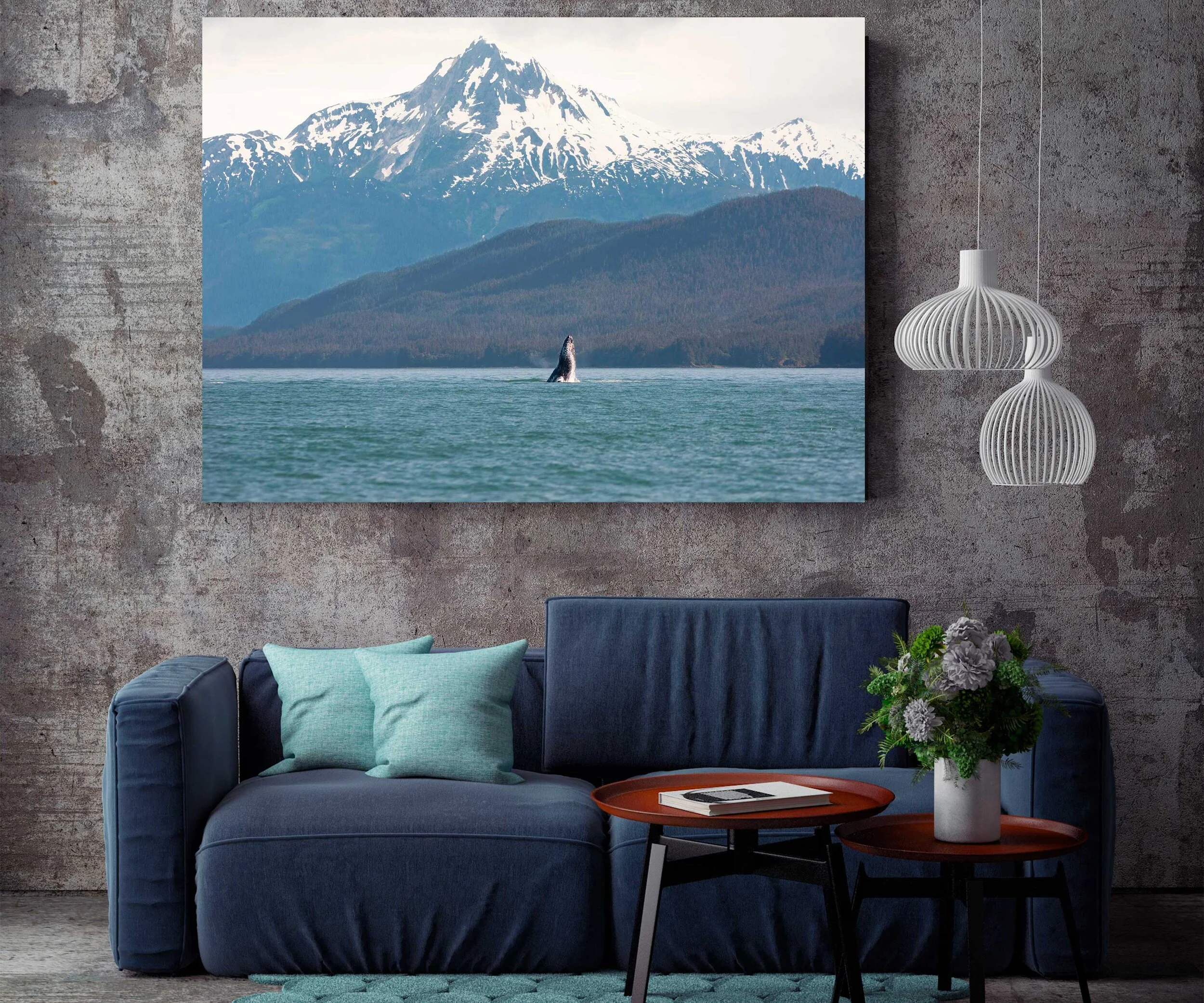 humpback whale art above couch