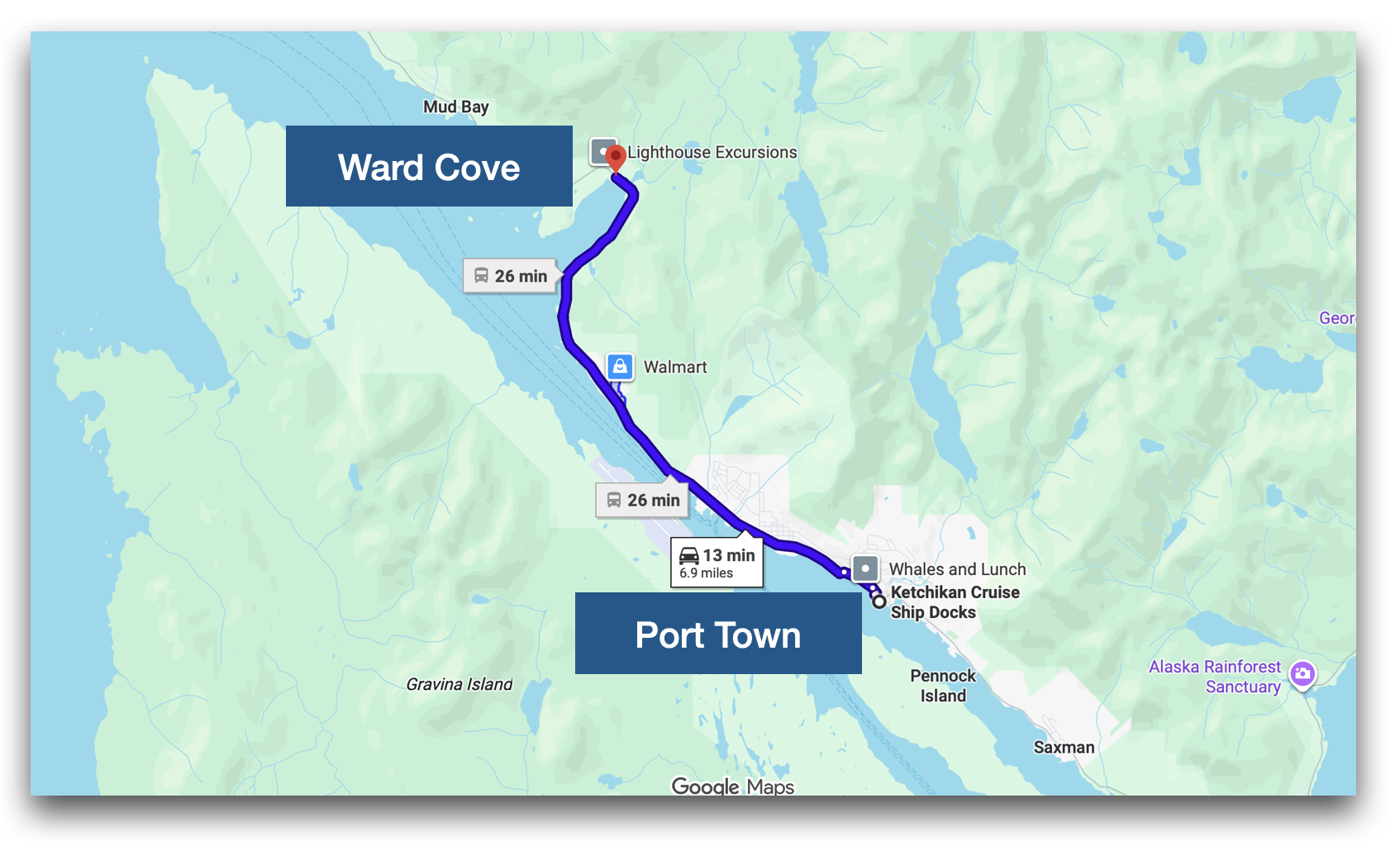 Map showing a route from Port Town to Ward Cove, with travel times of 26 minutes by bus and 13 minutes by car, along with landmarks including Ketchikan Cruise Ship Docks, Walmart, Lighthouse Excursions, and Alaska Rainforest Sanctuary.