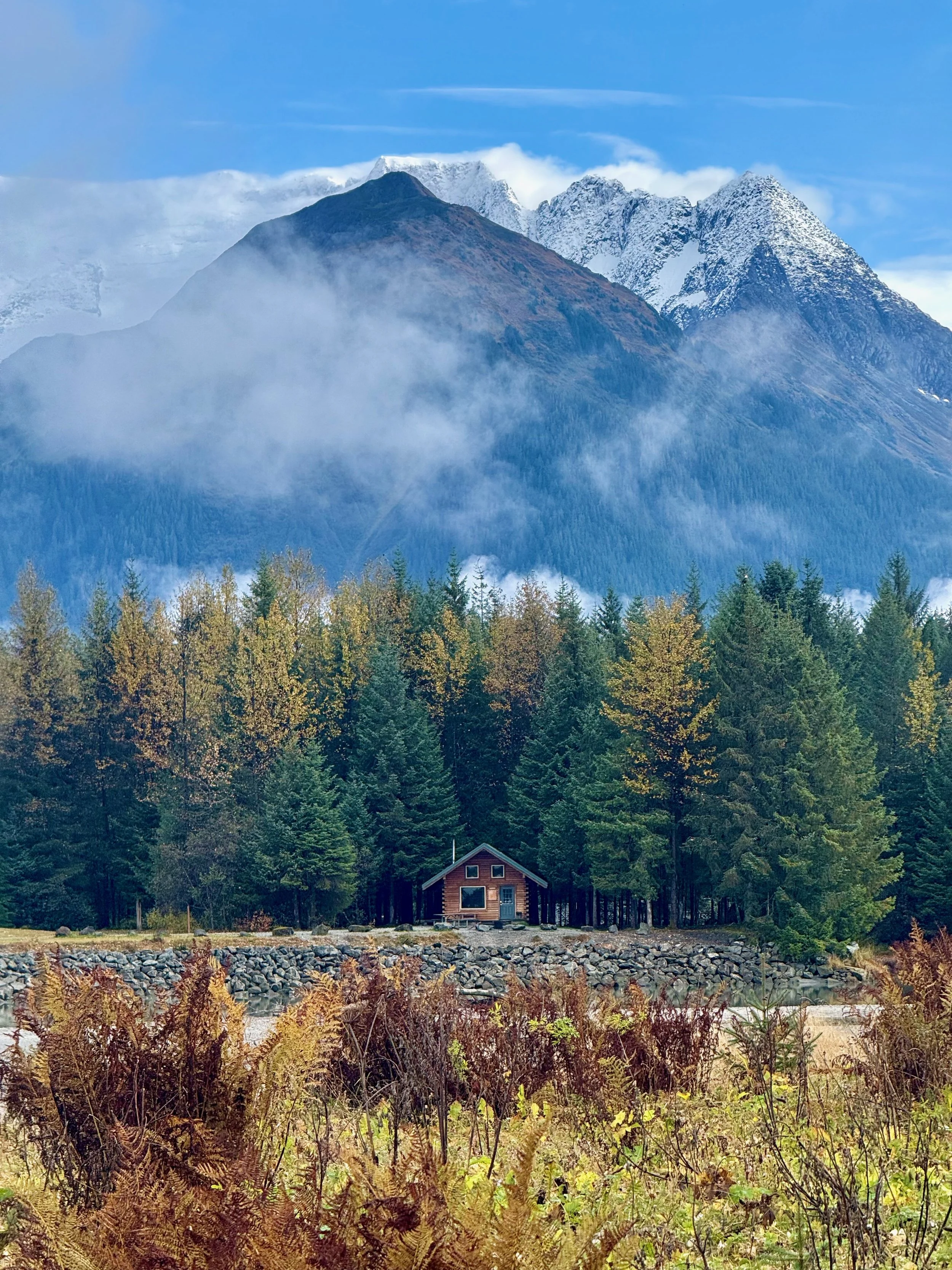A small wooden house at the forest edge with mountains in the background. The mountains are snow-capped, and there is fog around their middle sections. The foreground has tall grass and rocky ground.
