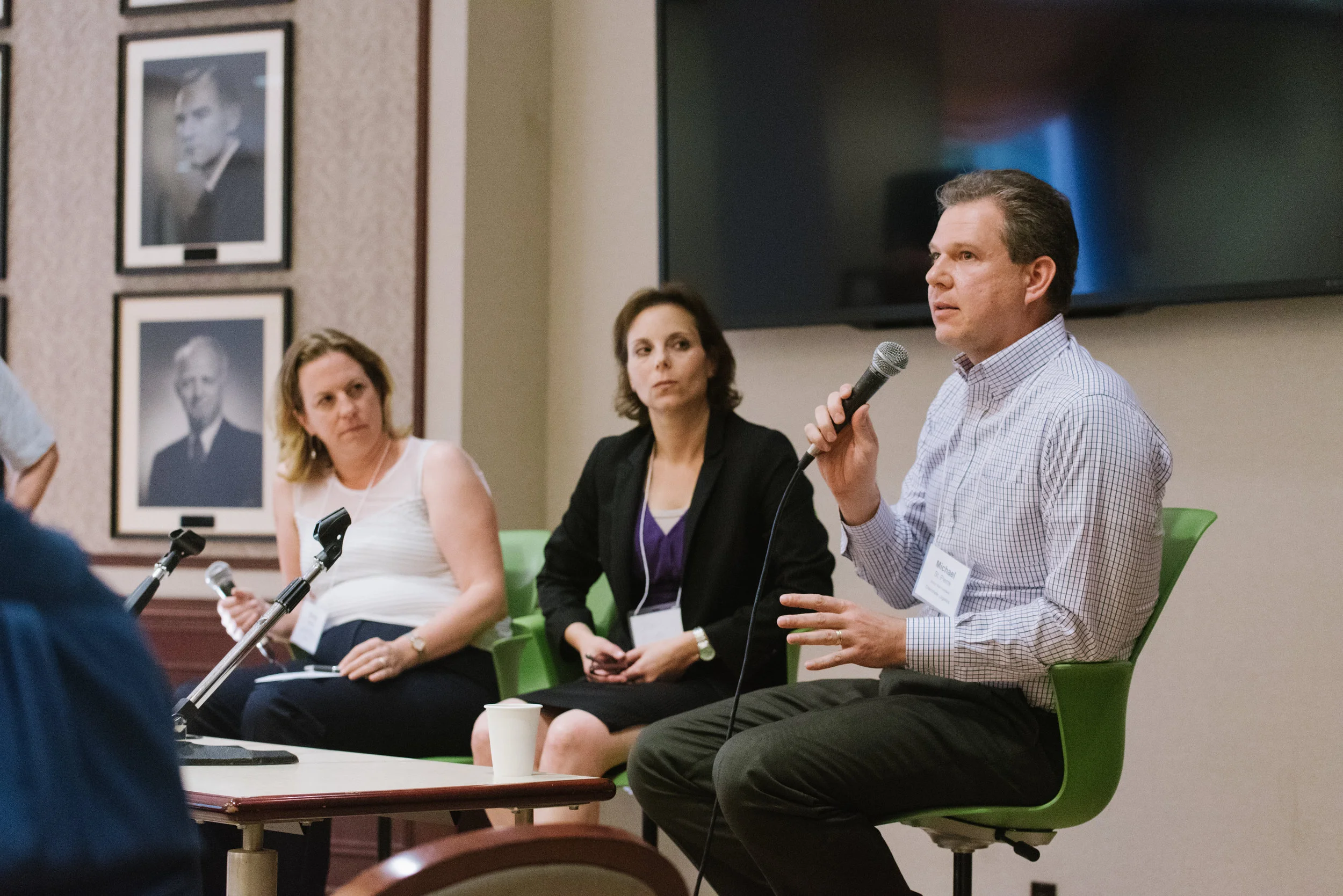 L to r: Emily Moore (Hatch), Jodi Engel (Toronto Hydro) and Michael St. Pierre (Chemtrade Logistics) speak on a panel at NICKEL