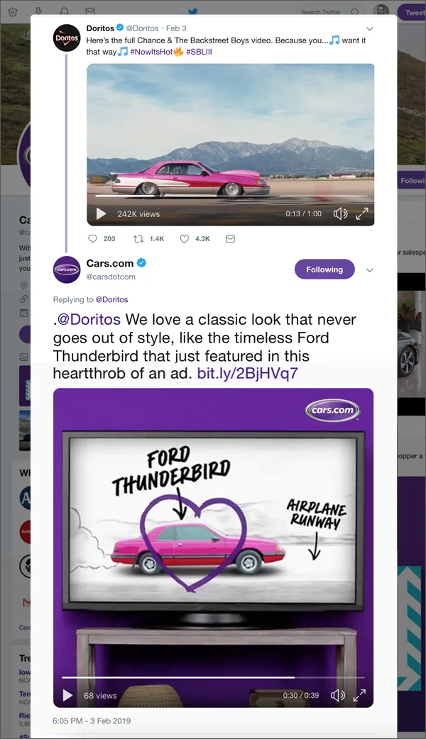  When  Doritos  shared their Super Bowl spot on Twitter, Cars.com spotted the  Ford Thunderbird  and immediately connected you with a link directly to it. 