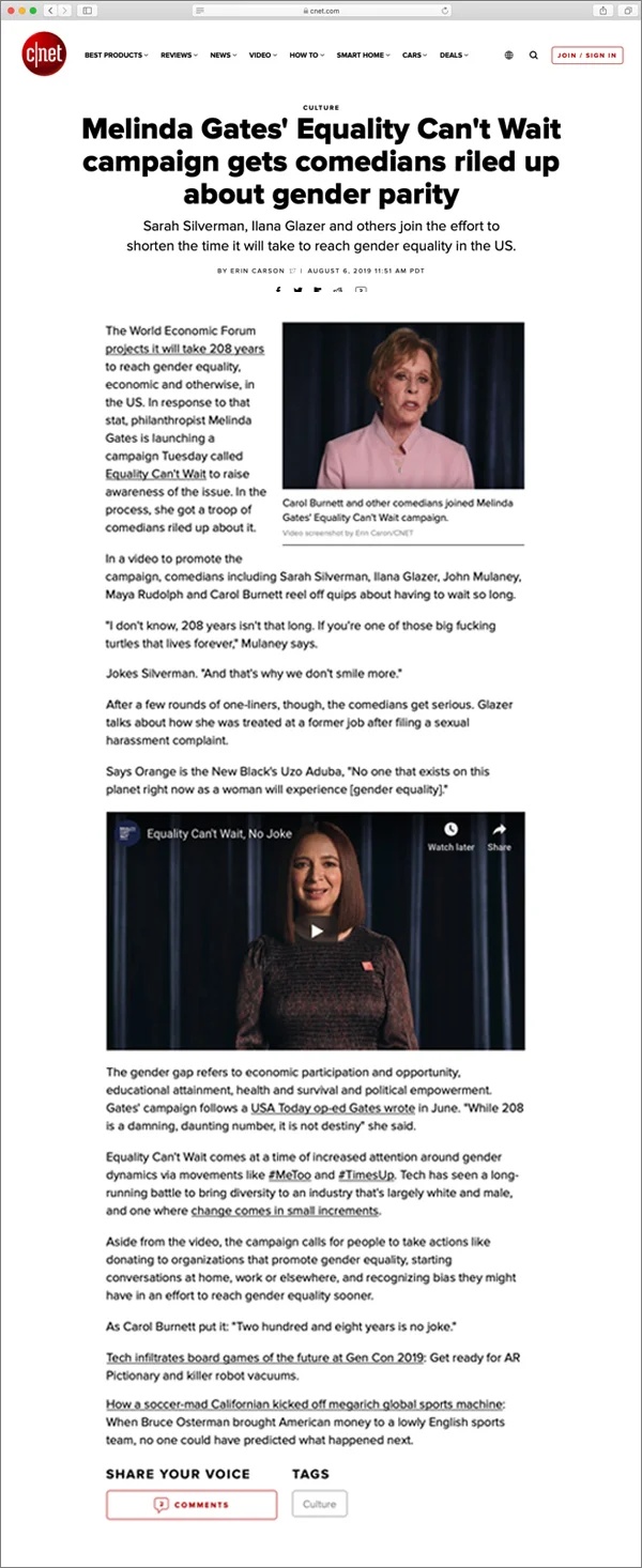   CNet  shared an article about the wait for gender equality. 
