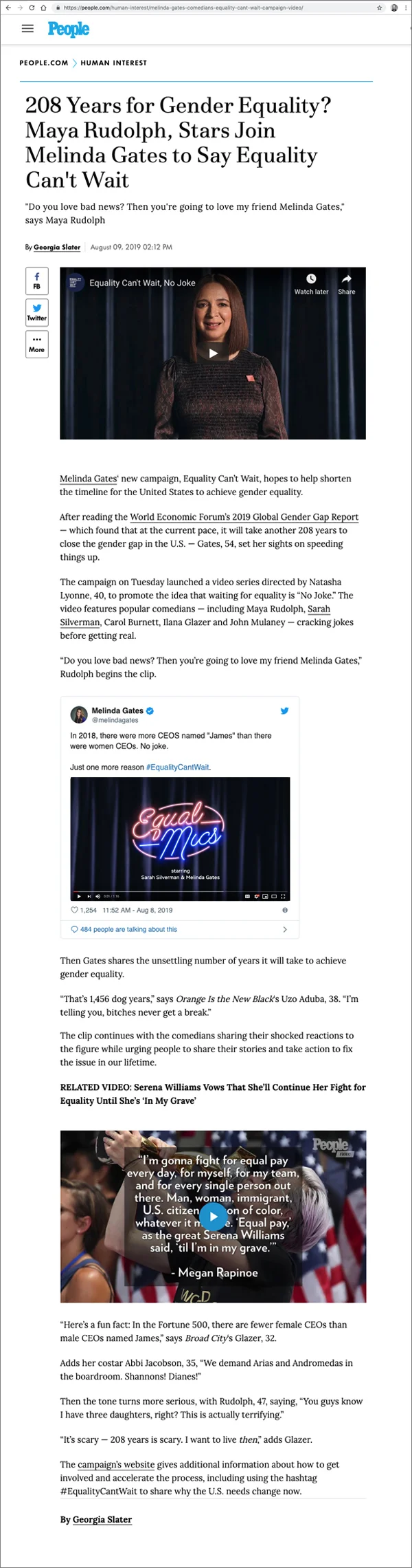   People Magazine  shared an article about the wait for gender equality. 