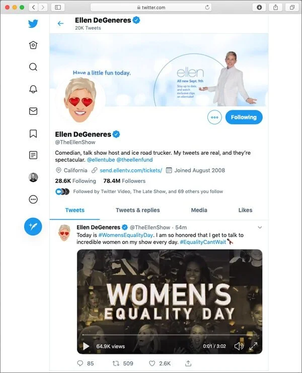   Ellen  tweeted our  #EqualityCantWait  to join the conversation on Women's Equality Day. 