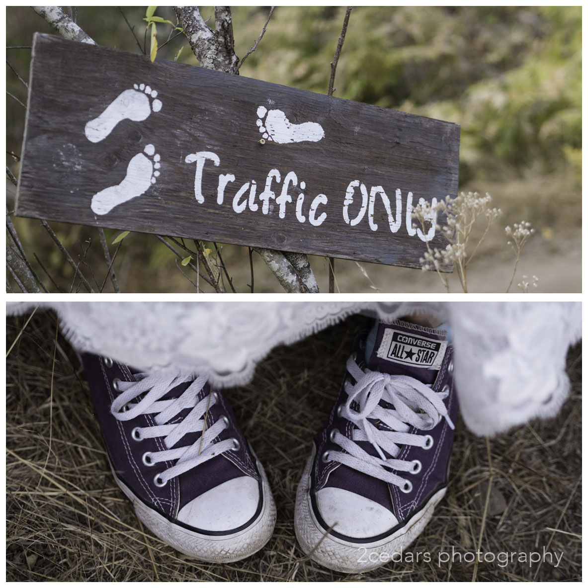 Purple Converse bride's shoes. informal wedding foot traffic sign