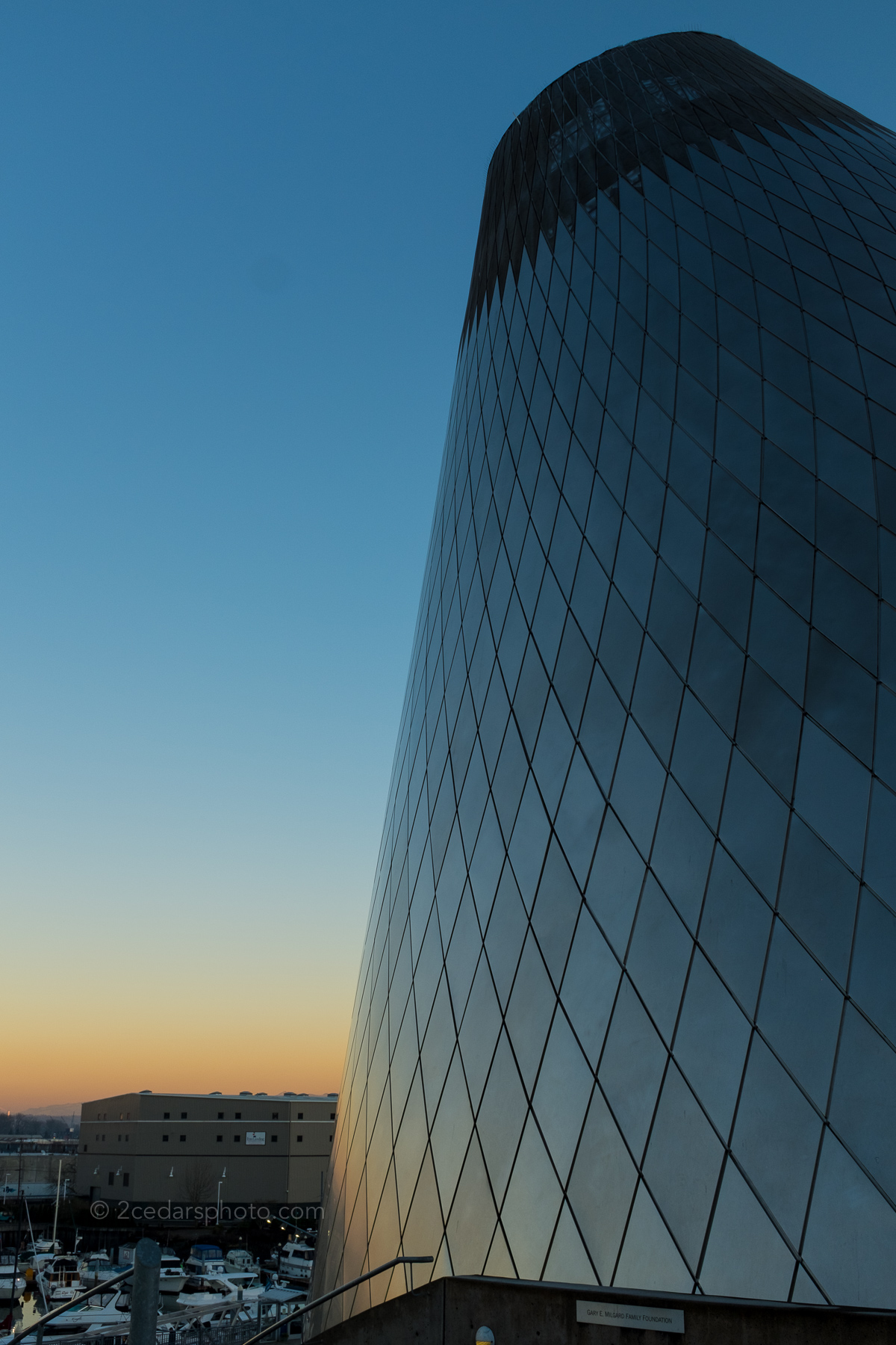 2 Cedars Photography Museum of Glass Cone and marina at sunset in Tacoma, WA