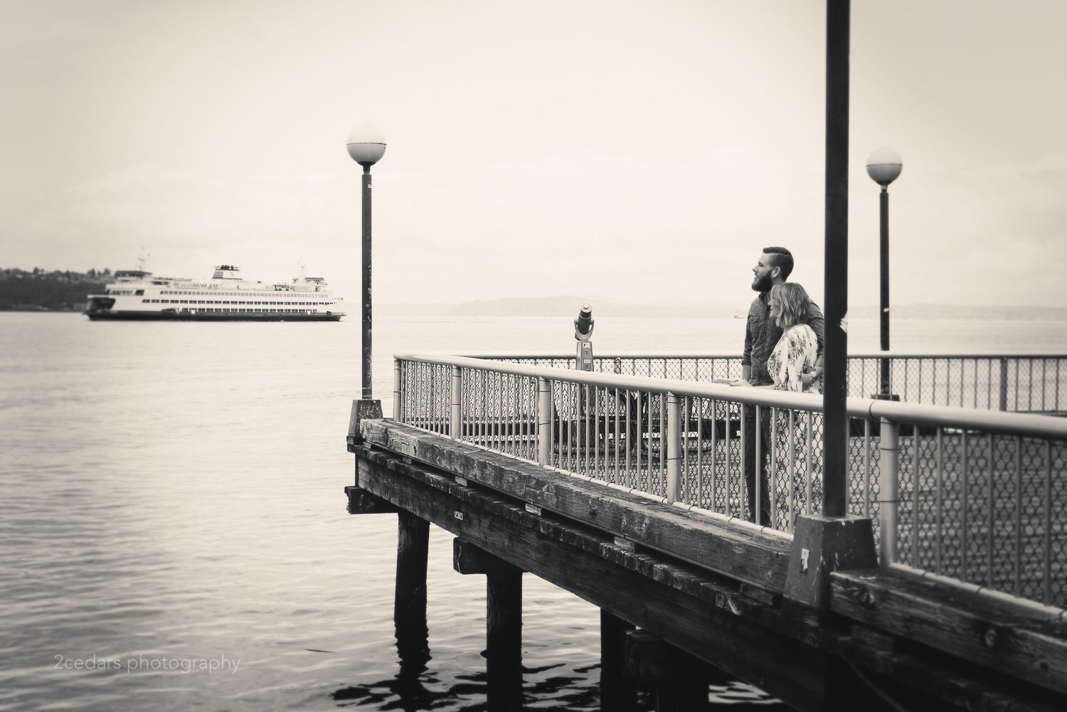 Seattle waterfront engagement photo in black and white