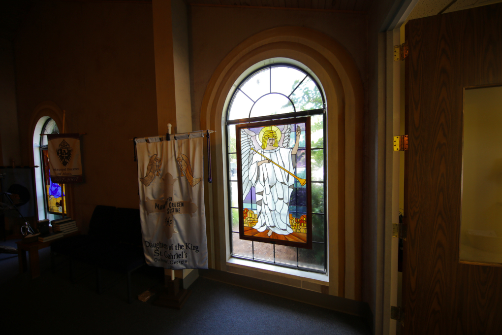ABOVE: A stained glass window in St. Gabriel’s Church entranceway.