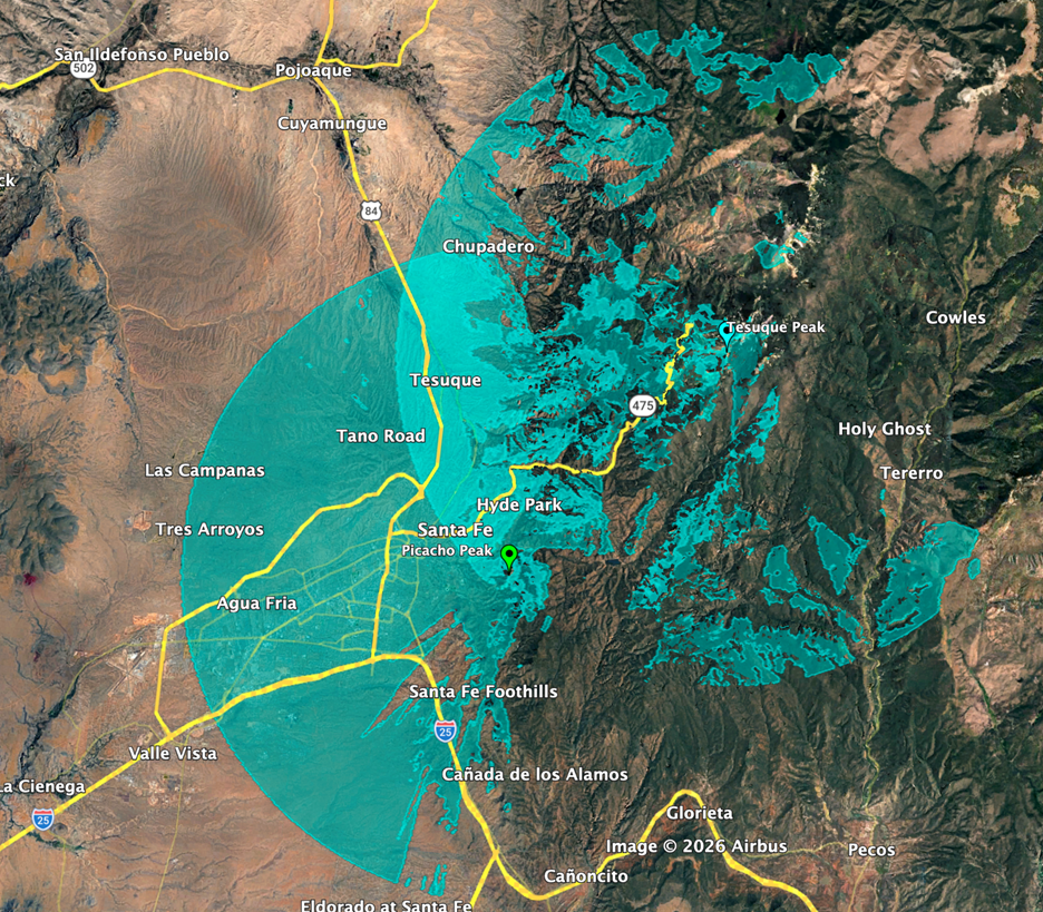 This image shows the viewsheds of the Tesuque Peak and Picacho Peak cameras.