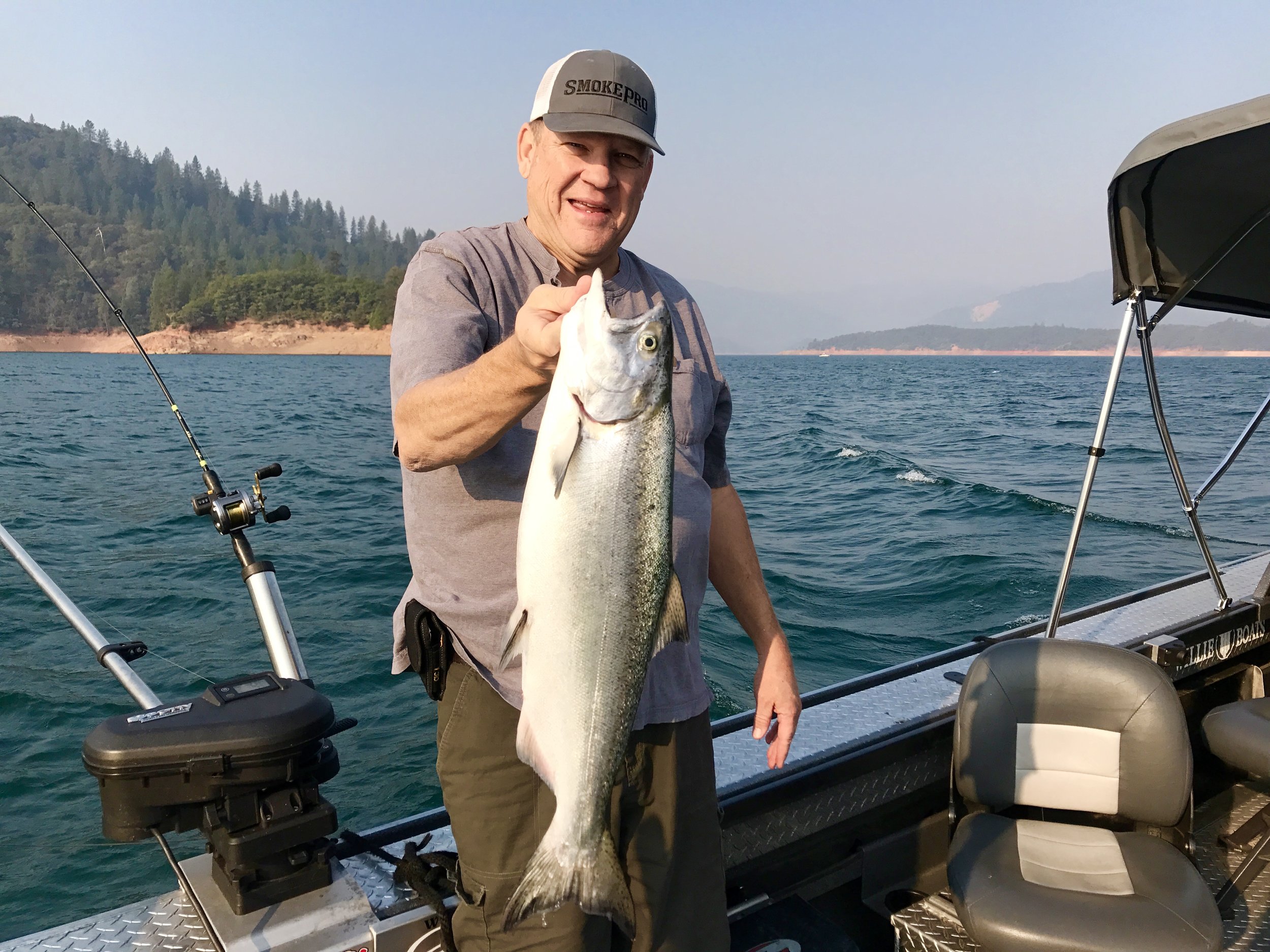 Shasta Lake King salmon caught with a squid skirt tipped with an anchovy strip.