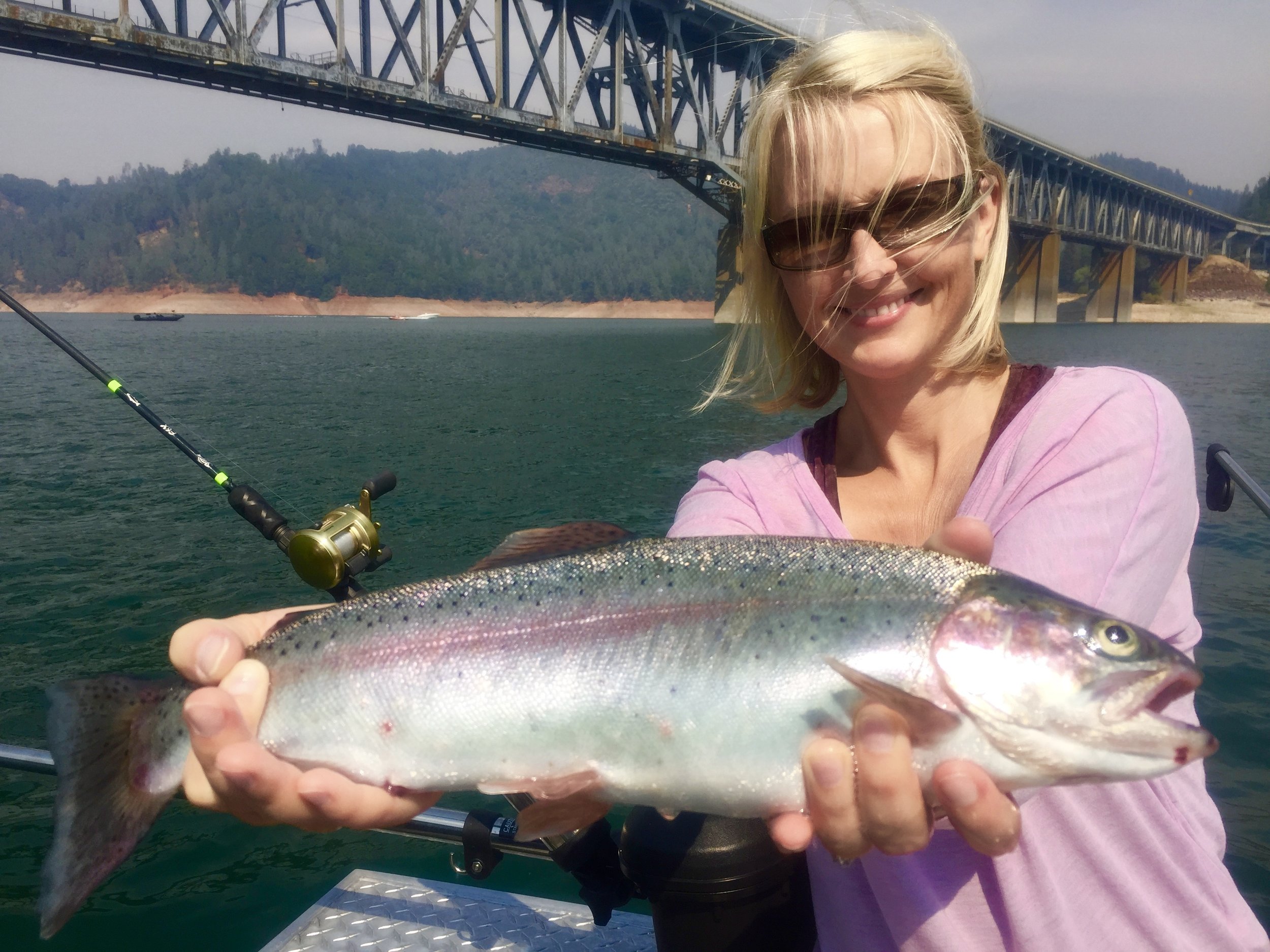 Shasta Lake trout caught while trolling a streamer fly tipped with an anchovy strip.