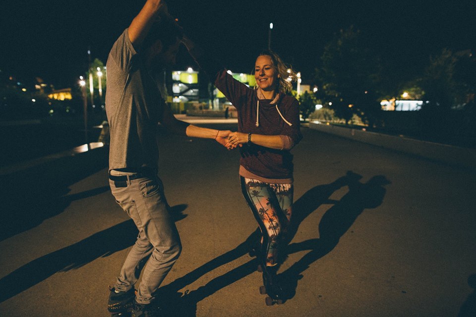 Kari Anne from Amsterdam and Florian Gravier from Paris practice together at Jardin Nelson Mandela for an upcoming show. Paris, France. Kari is the owner of Amsterdam-based skate school, Skate Dance , and Florian is the inventor of the on-the-go skate shoe, Flaneurz .