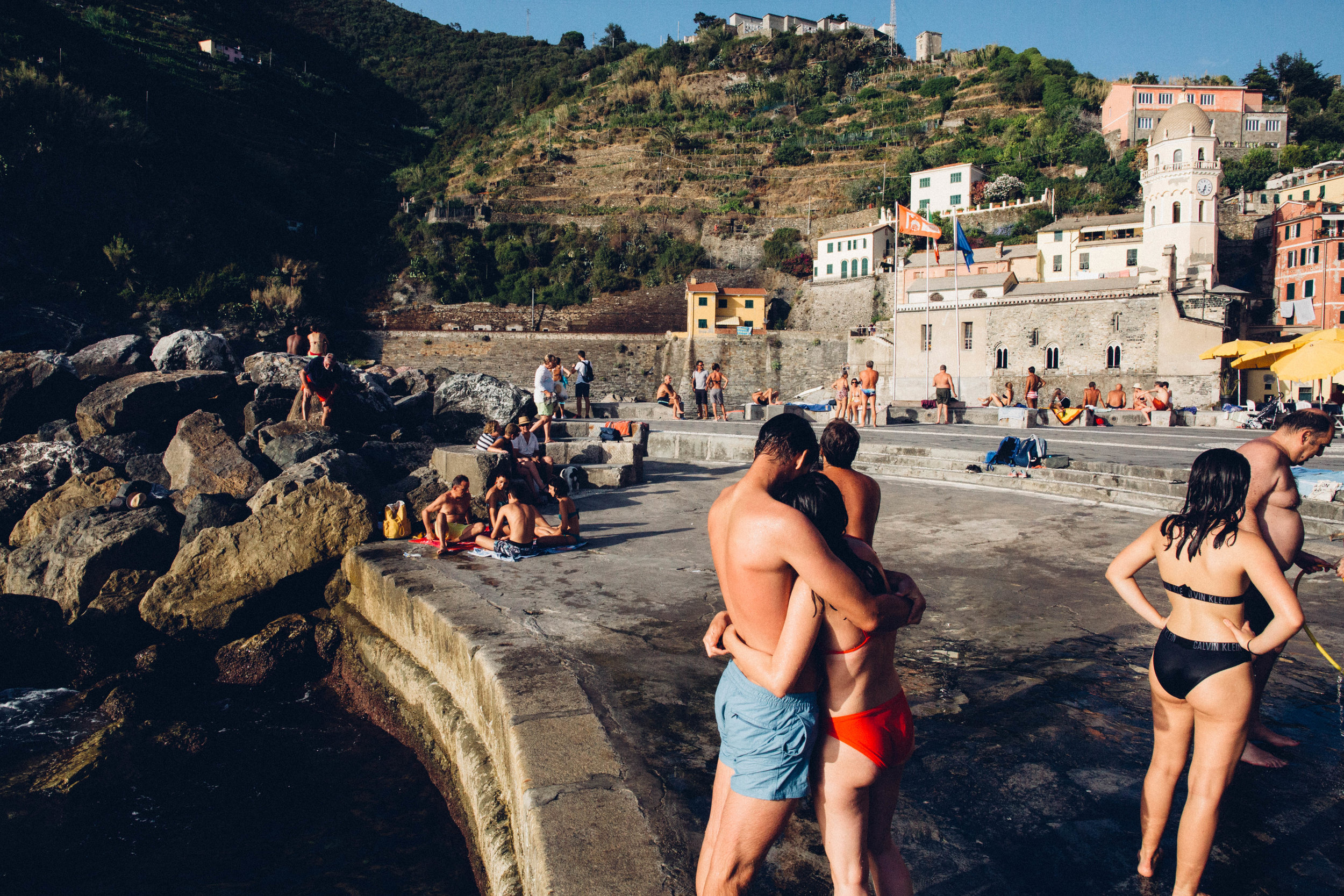   A couple embraces in Vernazza, Italy.&nbsp;  