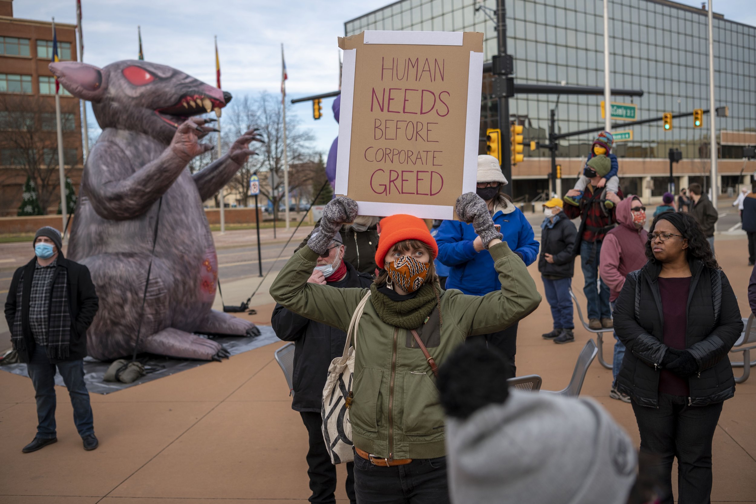  Sarah Peterson from Detroit attends a rally to support striking Kellogg's workers outside Kellogg Co. World Headquarters in Battle Creek, Michigan on Friday, Dec. 17. 