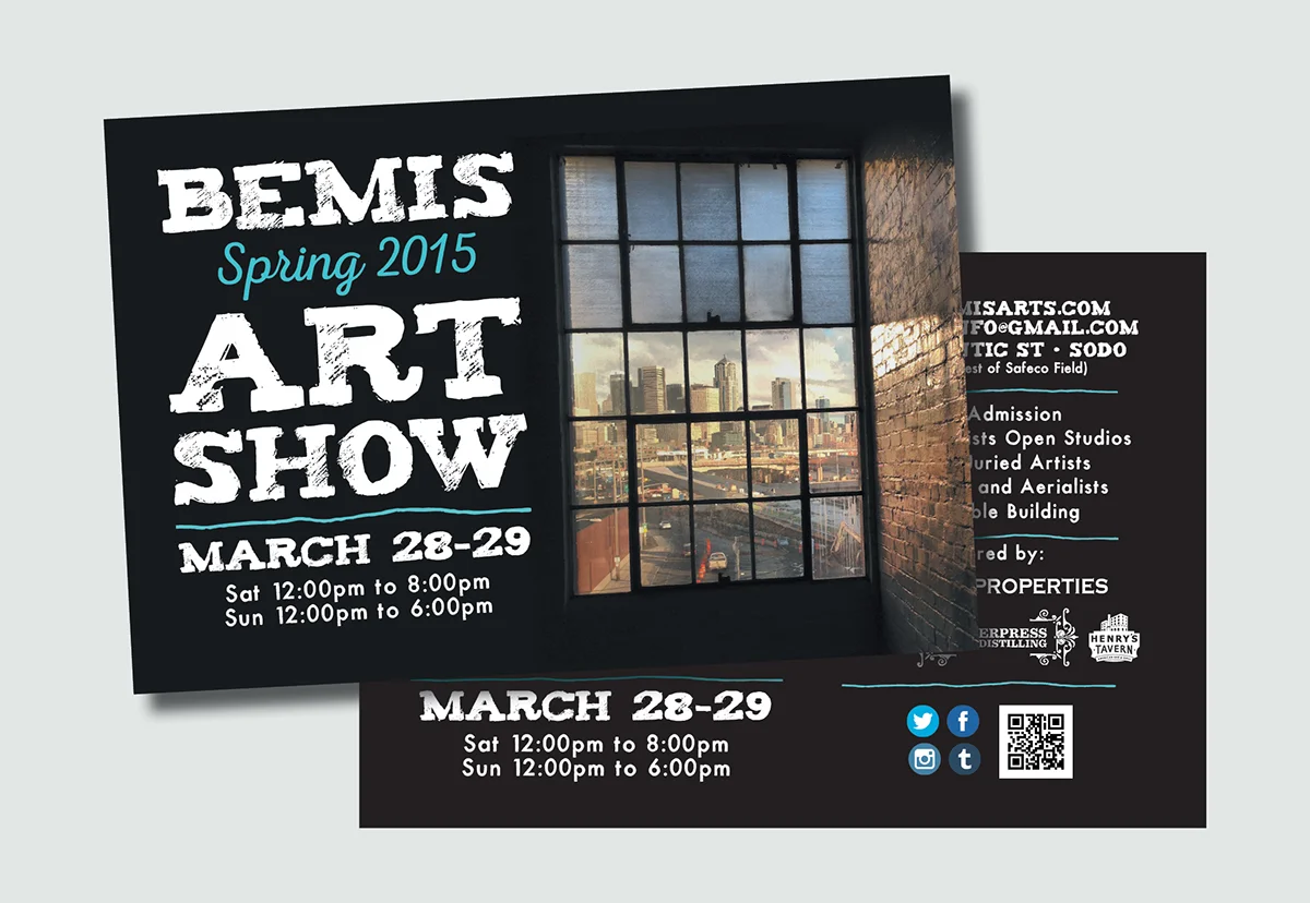 Print postcards for the spring 2015 show. The image shows the Seattle skyline as viewed from the Bemis building. 