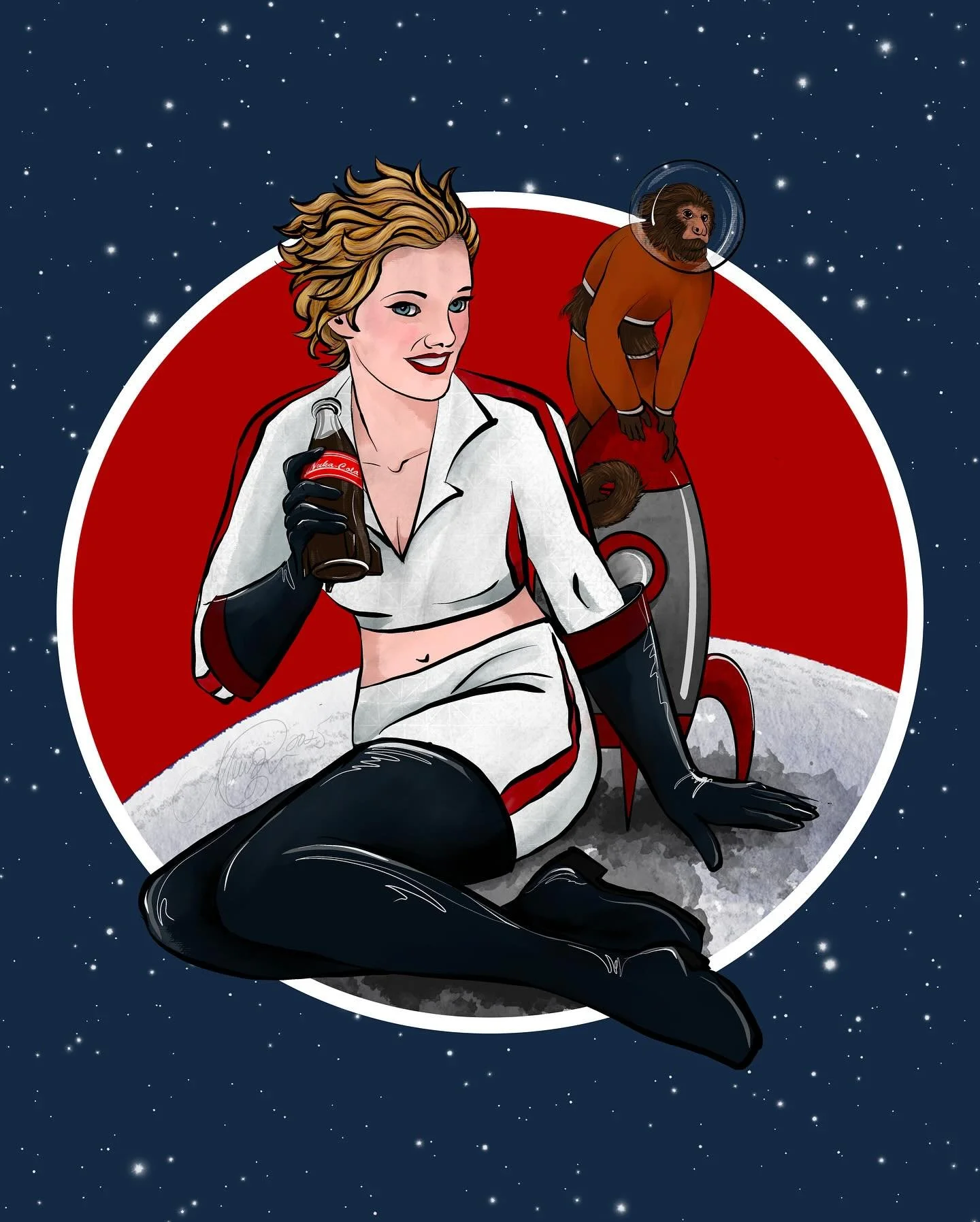 I drew a Nuka-Cola Girl! With special appearance by Jangles the Moon Monkey!! 🐒 🚀☢️🥤
.
#nukacola #jangles #janglesthemoonmonkey #fallout #fallout4 #falloutfanart #fanart #nukaworld #pinup #procreate #digitaldrawing #seattleartist