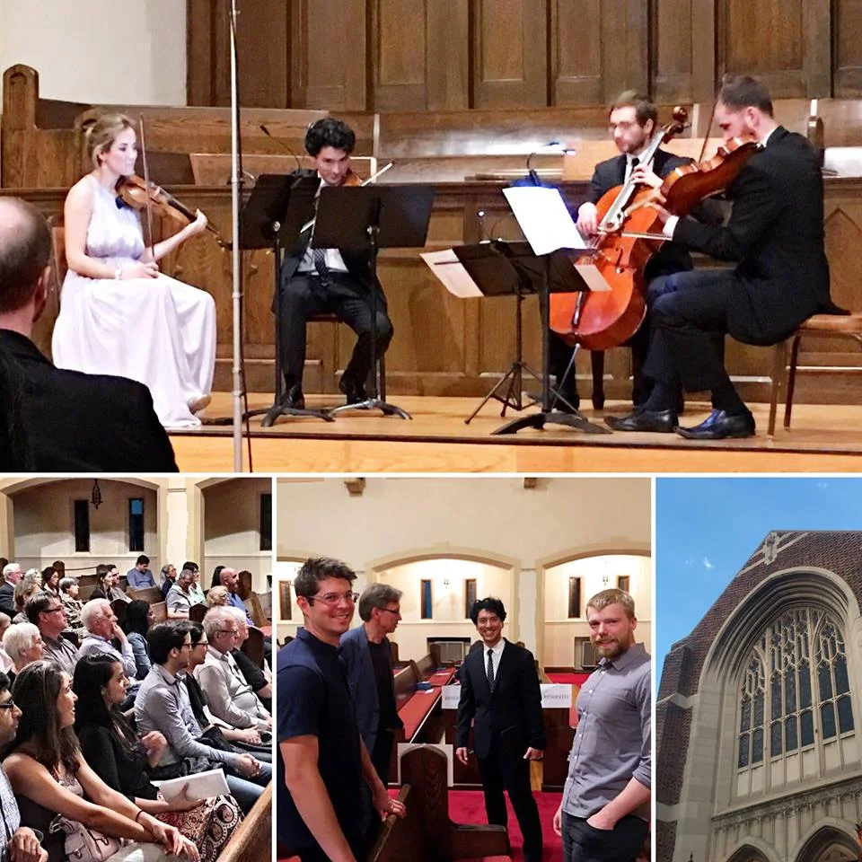 A collage we received from Todd Mason, an audience member and composer in his own right. Bottom row, center: Kevin with Adam Schoenberg, Gernot Wolfgang, and Andrew Norman, whose pieces were performed at the concert.