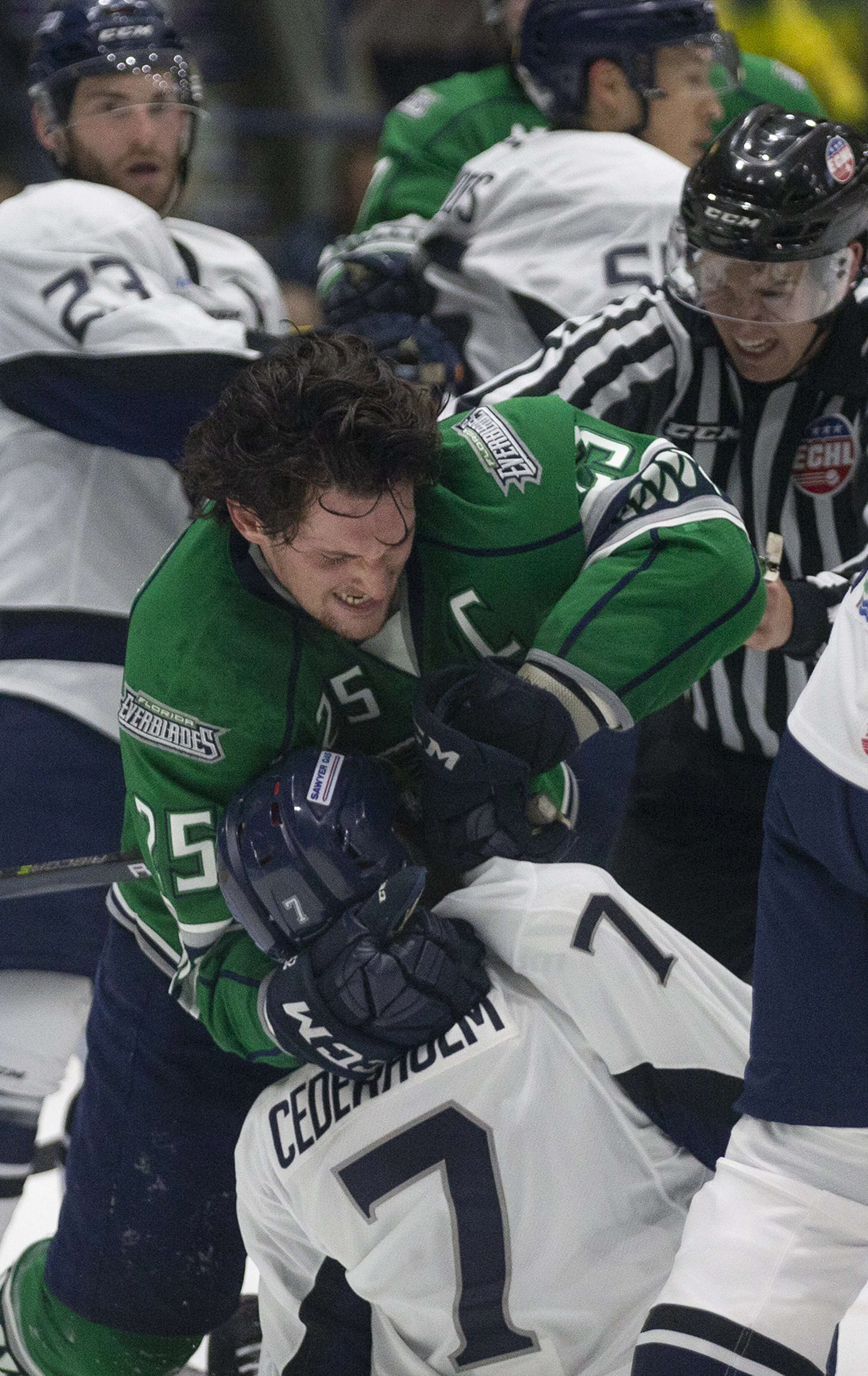  Florida Everblades’ John McCarron fights Jacksonville Iceman Roman Uchyn during the first round of the Kelly Cup Playoffs, April 11, 2019, at Hertz Arena in Estero, Florida. 