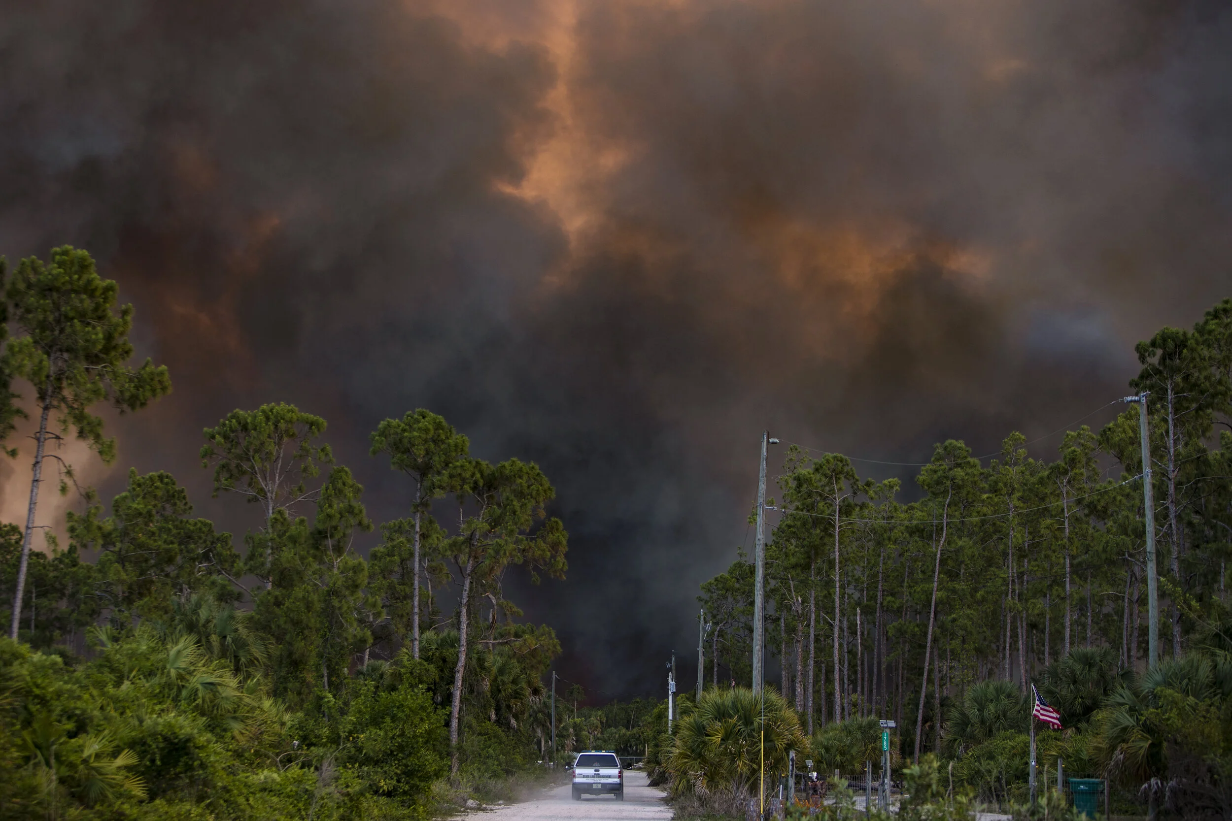  An law enforcement officer moves toward rising smoke from a fire  on Dove Tree Lanei n Golden Gate Estates, Florida on Wednesday, May 13, 2020. Crews worked to contain four brush fires totaling about 400 acres and threatening 30 homes in the Estates