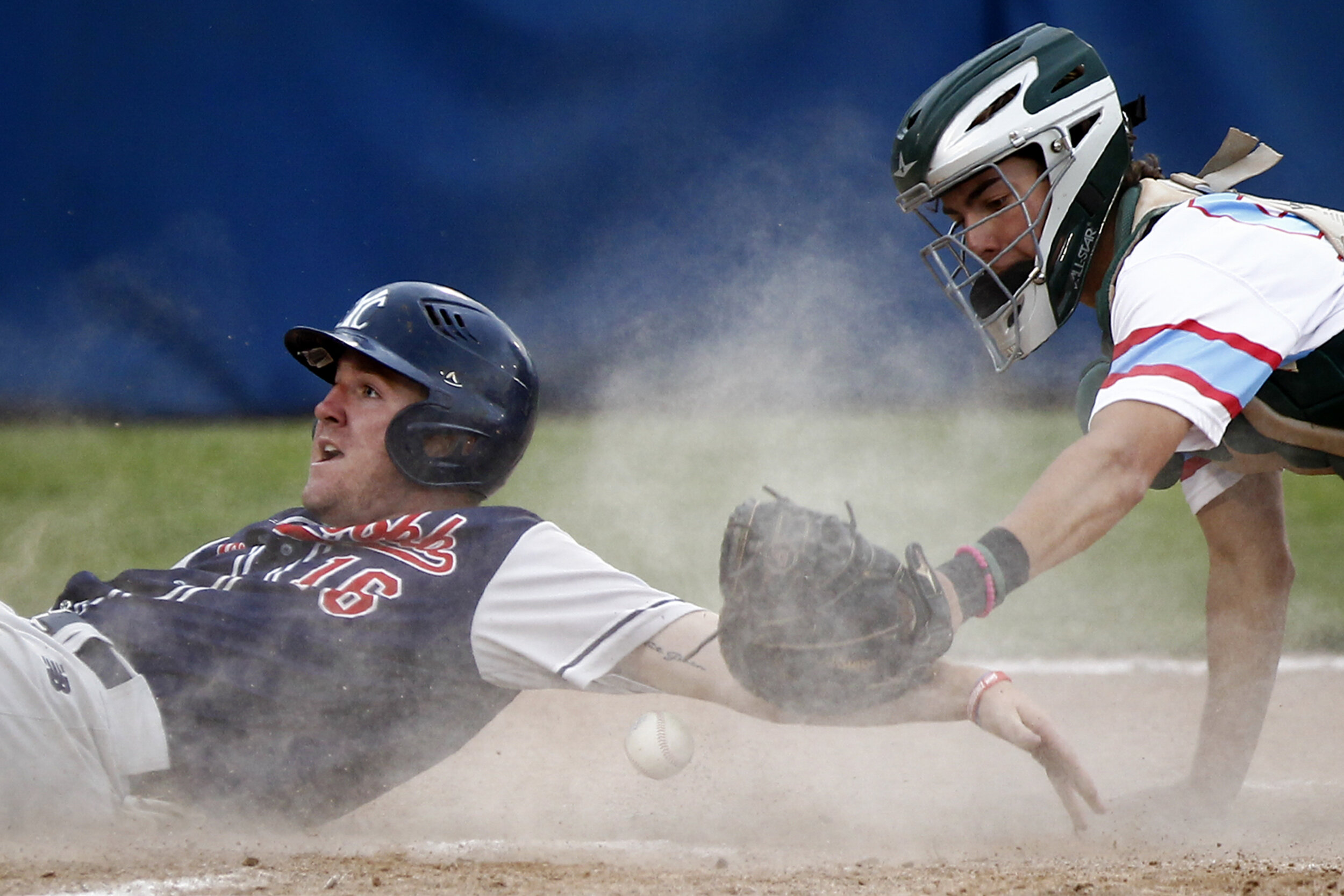 East Cobb Yankees Jason Avers scores a run after D-BAT 17 catcher Kody Huff drops the ball at home plate, Thursday, Aug. 3, 2017 during Game 10 of the Connie Mack World Series at Ricketts Park in Farmington.