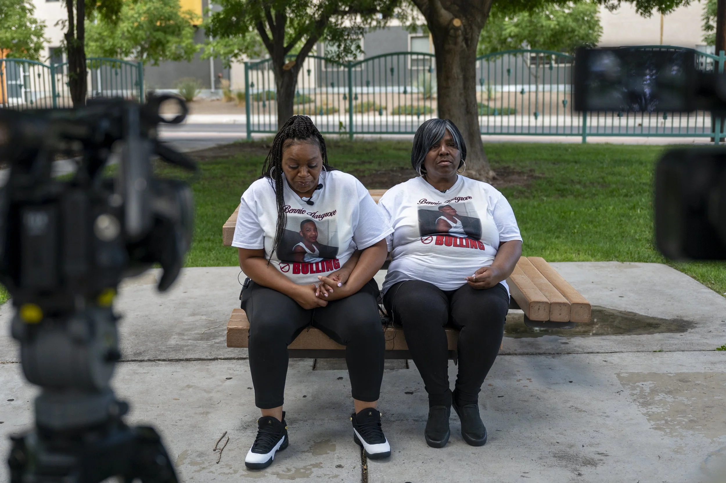  Bennie Hargrove’s mother Collette Wise, left, and grandmother Vanessa Sawyerr address the media during a news conference at Bennie Hargrove Park in Albuquerque, Thursday, Aug. 10, 2023.   13-year-old Bennie Hargrove was shot and killed by a fellow s