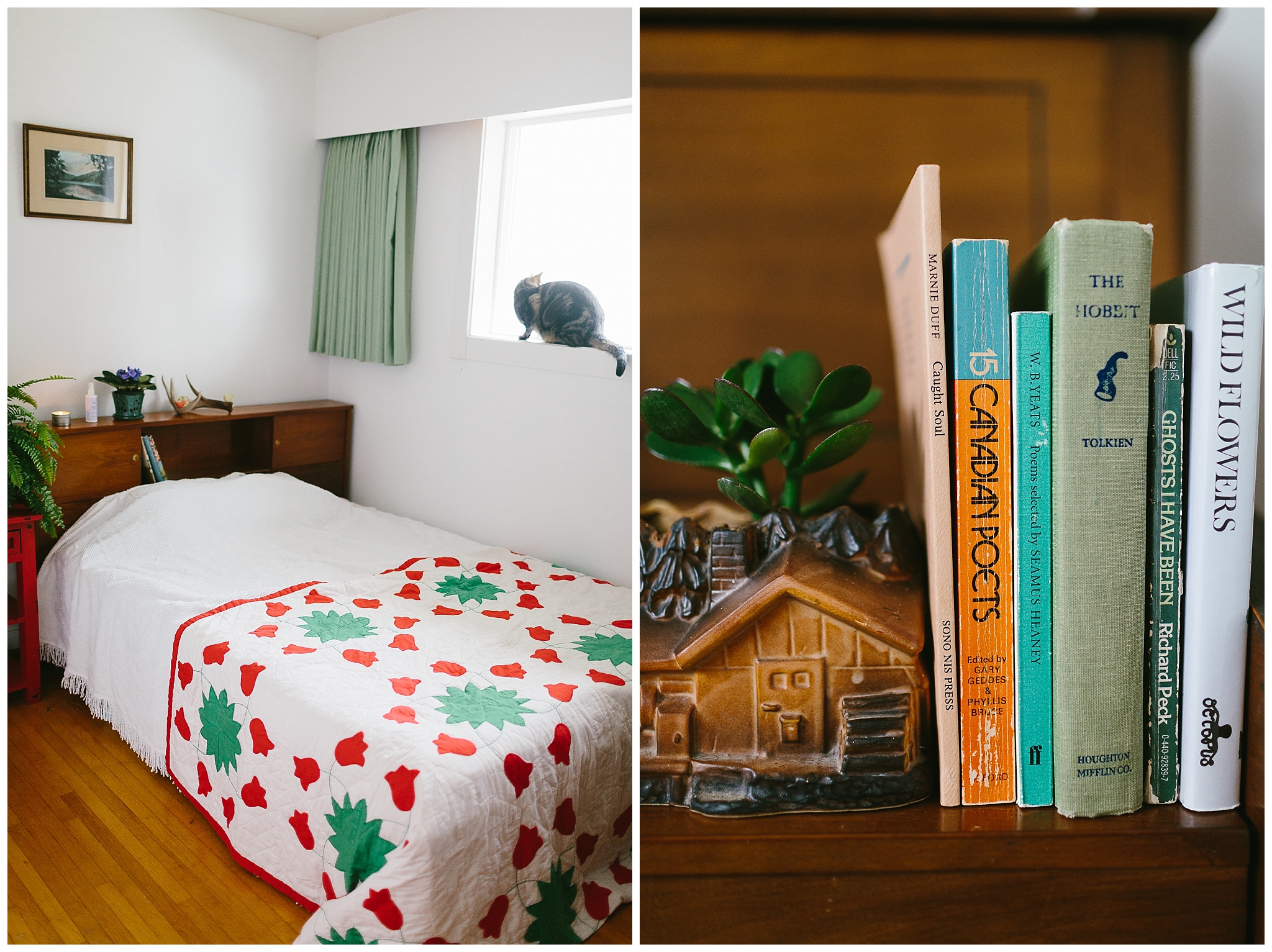 Some guest room books, and a cute little house planter from Spruce Collective, vintage quilt from Circa Vintage, and that white bedspread is the very same chenille cover that sat on my Nan’s guest room bed.