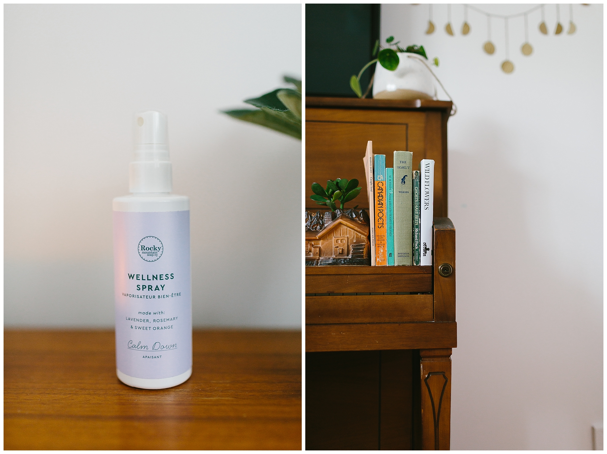Rocky Mountain Soap Company wellness spray (this stuff is delightful). The piano has nowhere else to live, so it’s serving as a little bookshelf/tv stand for now.