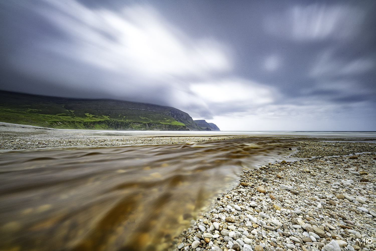 The view to Cathedral Rocks from the beach at Keel Strand, Achill Island, Co. Mayo, Ireland