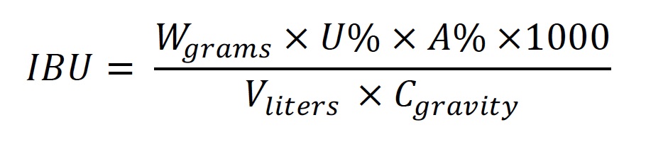 Normal 
0 
false 
false 
false 
EN-US 
JA 
X-NONE 
/* Style Definitions */
table.MsoNormalTable
{mso-style-name:"Table Normal";
mso-tstyle-rowband-size:0;
mso-tstyle-colband-size:0;
mso-style-noshow:yes;
mso-style-priority:99;
mso-style-parent:"";
mso-padding-alt:0cm 5.4pt 0cm 5.4pt;
mso-para-margin:0cm;
mso-para-margin-bottom:.0001pt;
mso-pagination:widow-orphan;
font-size:12.0pt;
font-family:Cambria;
mso-ascii-font-family:Cambria;
mso-ascii-theme-font:minor-latin;
mso-hansi-font-family:Cambria;
mso-hansi-theme-font:minor-latin;}
where  W  is the weight of the hop addition,  U%  is the utilization which comes from a table that factors in the gravity of the boil and duration of the boil,  A%  is the alpha acid percentage of the hop variety,  V  is the volume of the final wort in liters, and  Cgravity  is a correction factor to be used only when the wort in the boil has a specific gravity higher than 1.050.