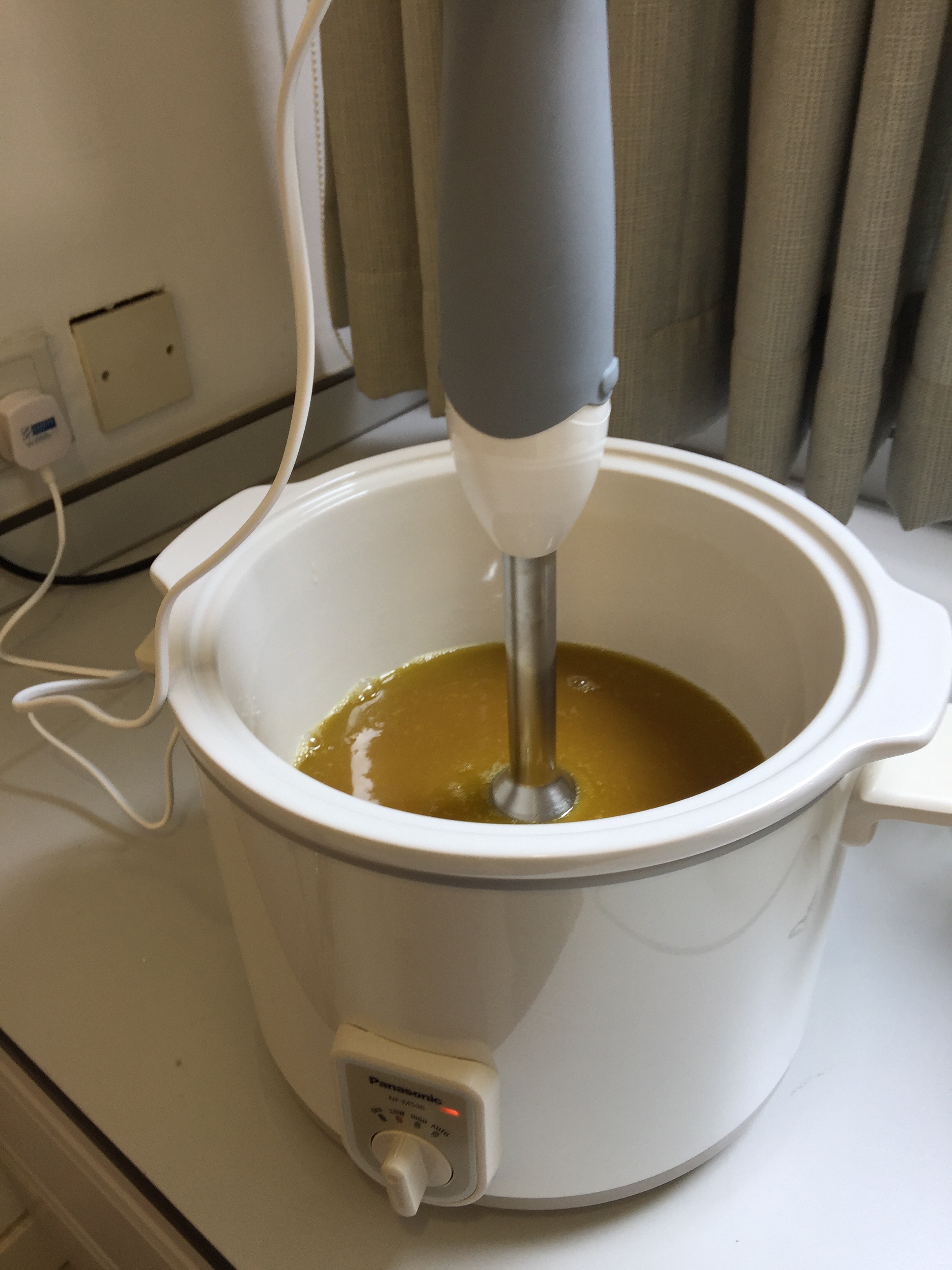 Use your immersion blender to combine this mixture until it thickens up like a thick pudding. You may add 3-4 tablespoons of spent grain at this point if you like (more or less depending on preference) with mix it all together uniformly. This should take several minutes.